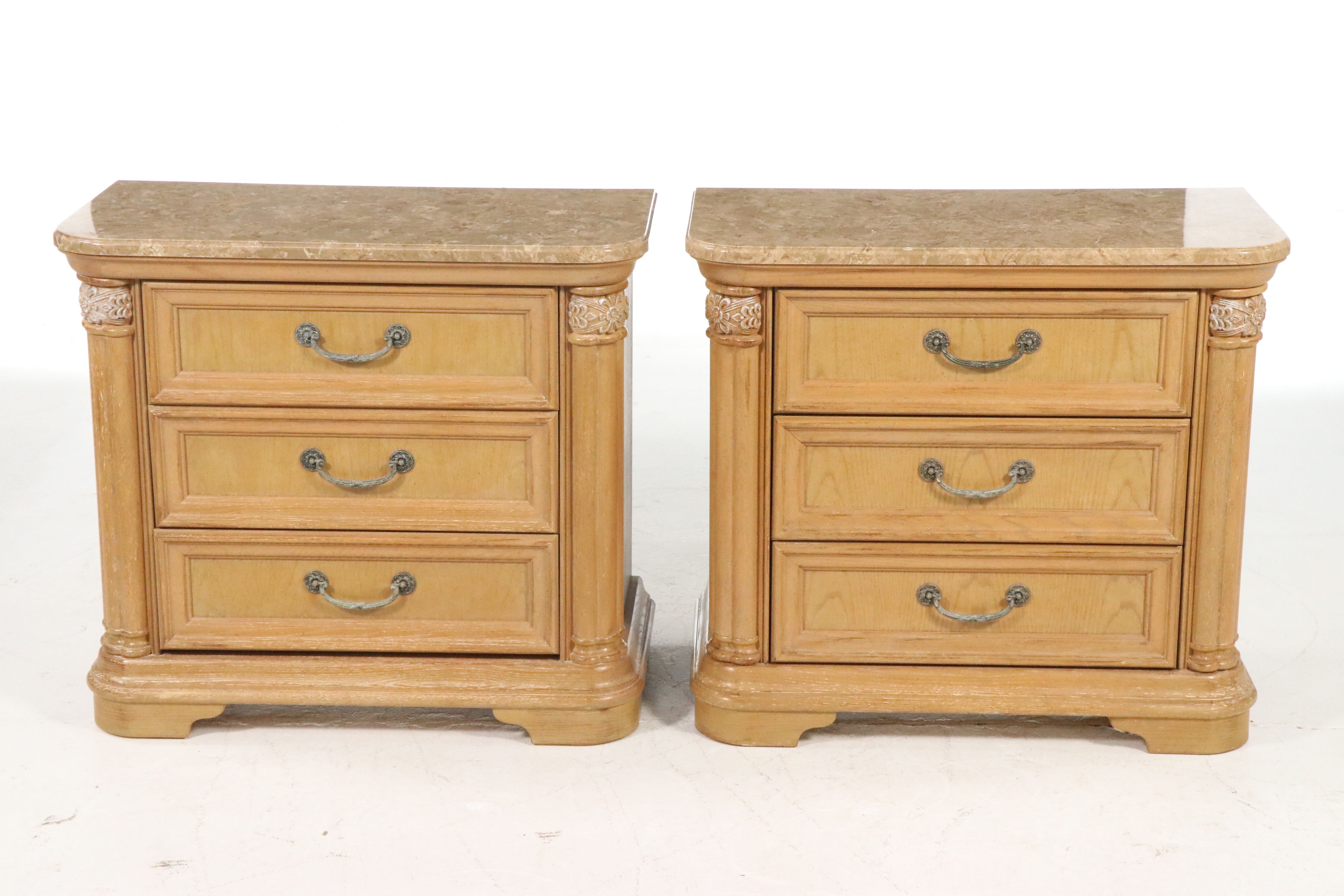 Pair of Stanley Furniture French Regency Style Marble Top Wood Nightstands