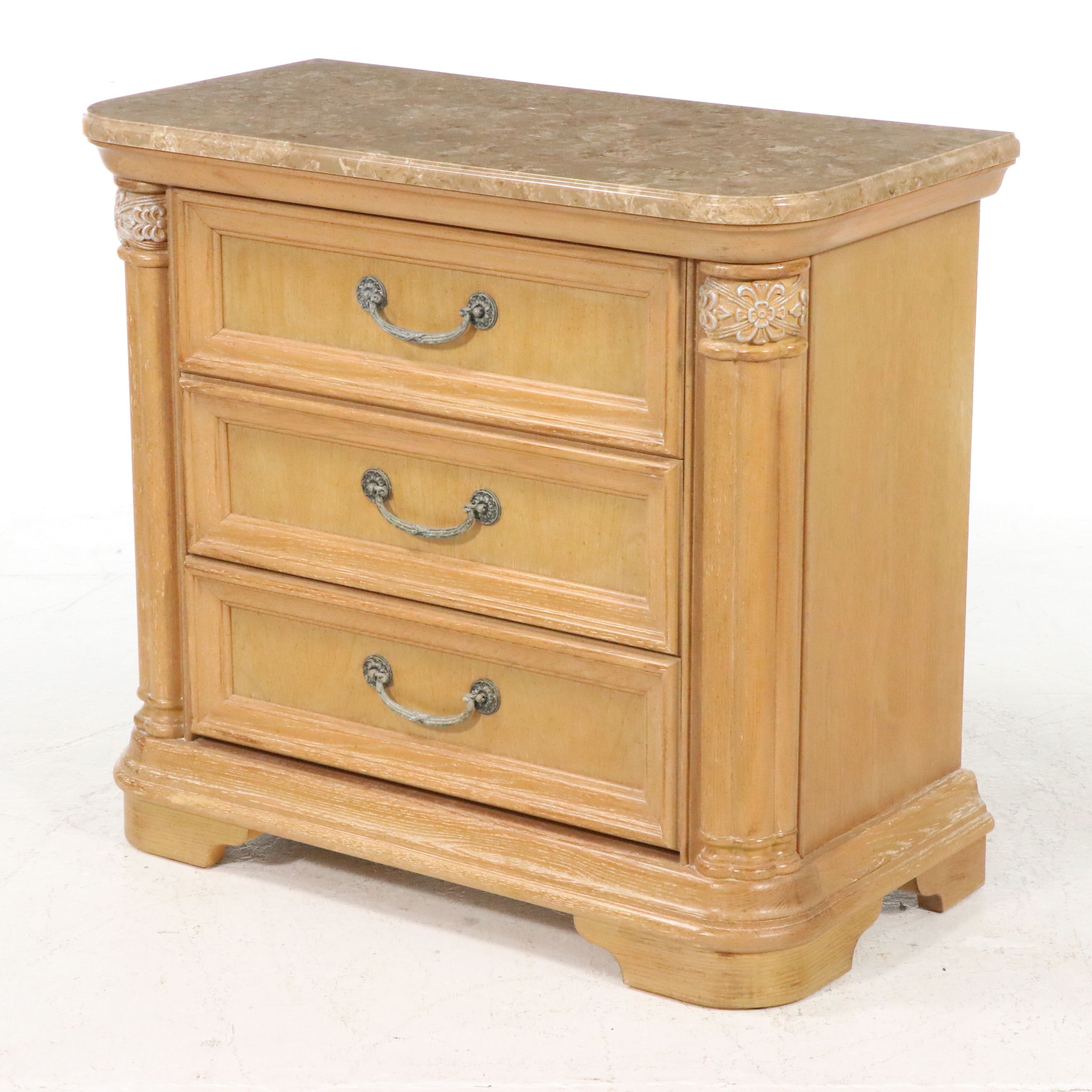 Pair of Stanley Furniture French Regency Style Marble Top Wood Nightstands