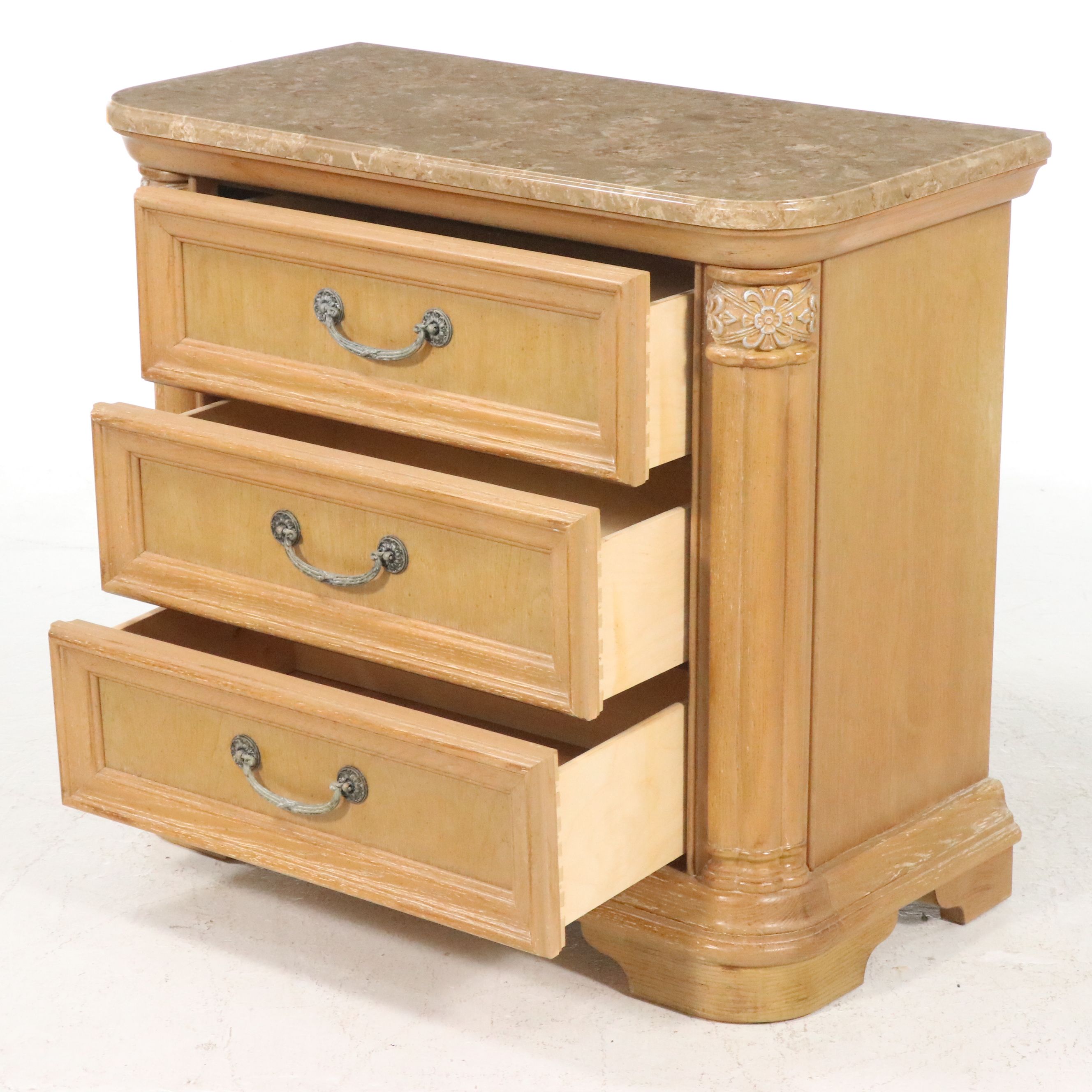 Pair of Stanley Furniture French Regency Style Marble Top Wood Nightstands