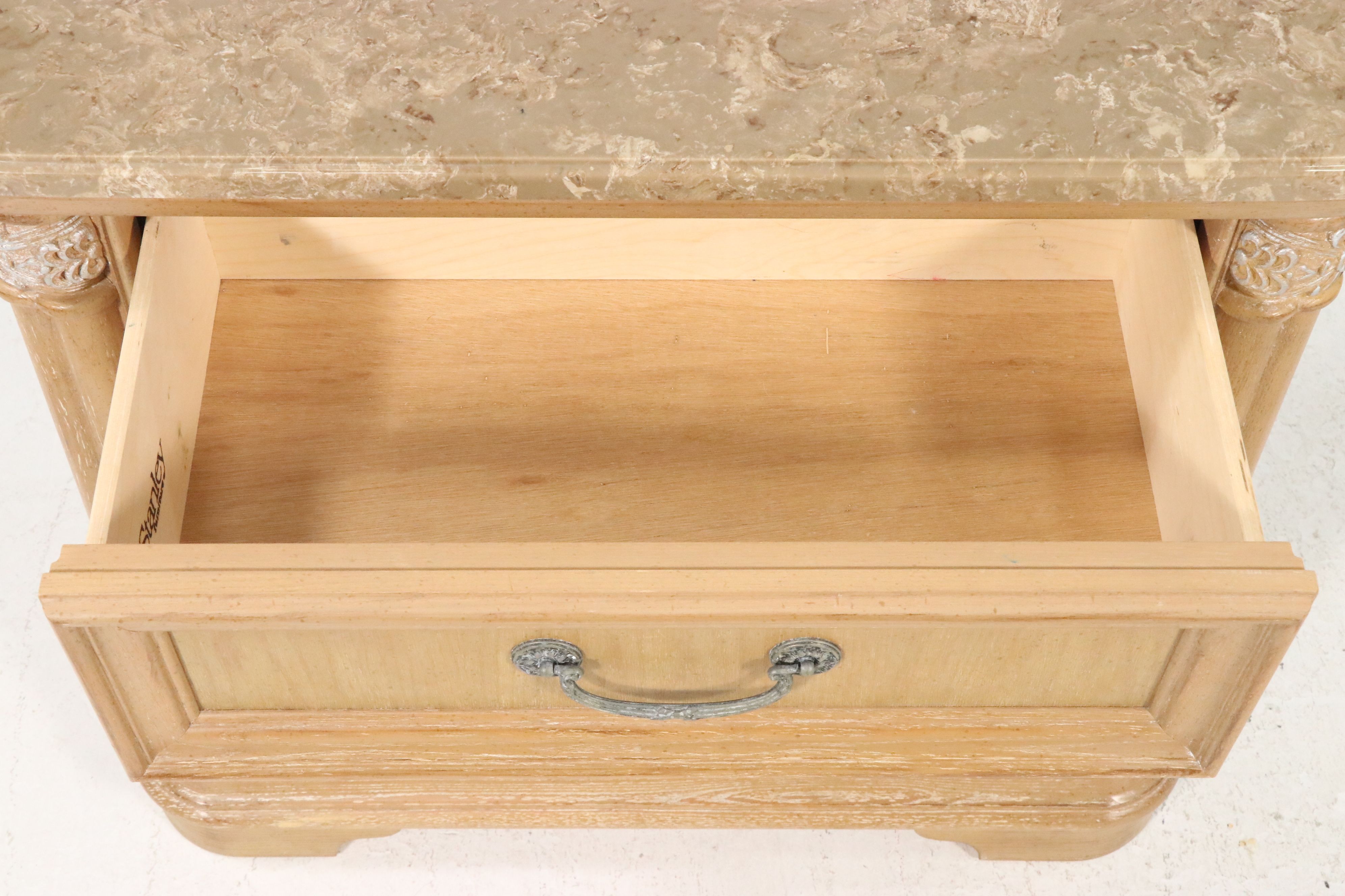 Pair of Stanley Furniture French Regency Style Marble Top Wood Nightstands