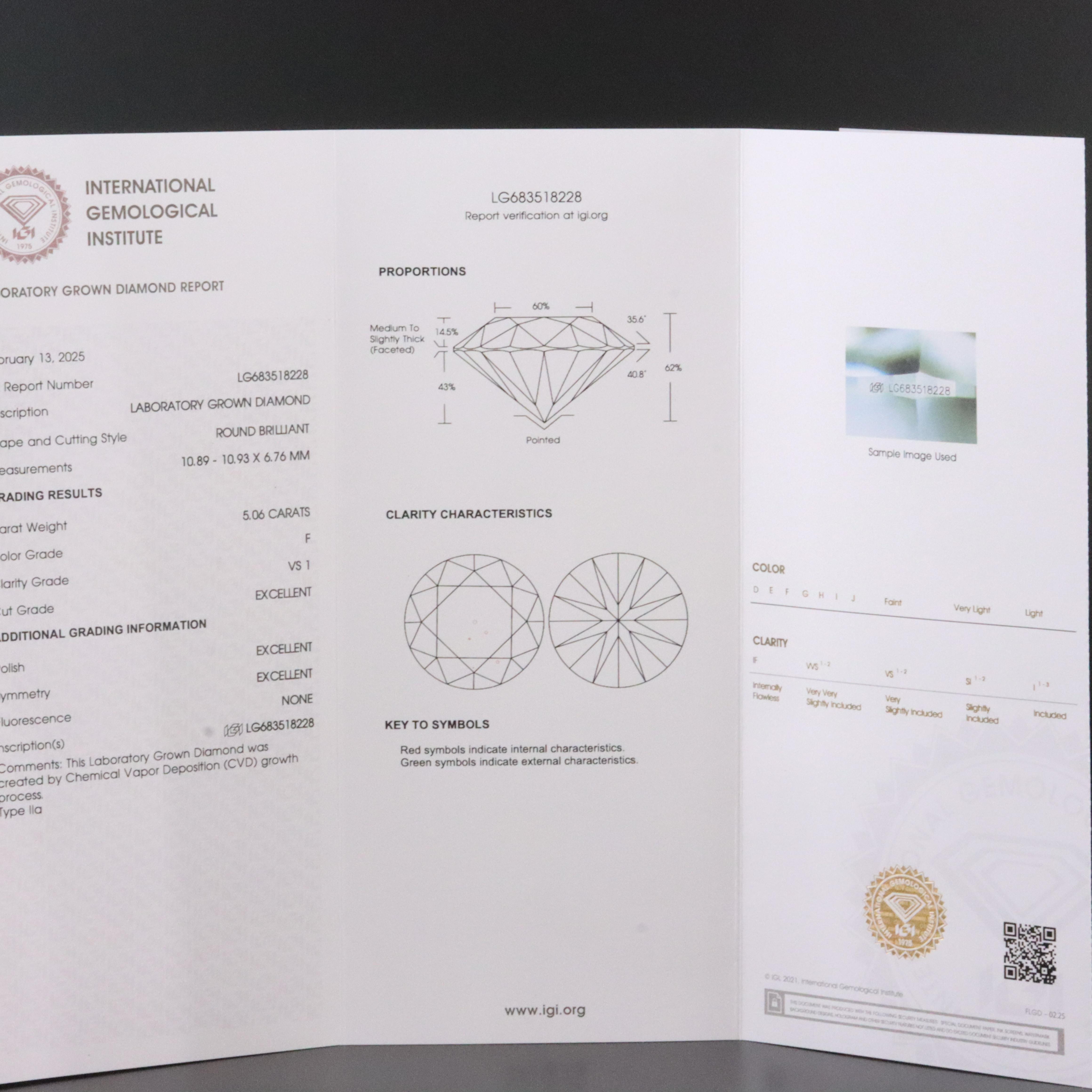 18K 5.06 CT Lab Grown Diamond Solitaire Necklace with IGI Report