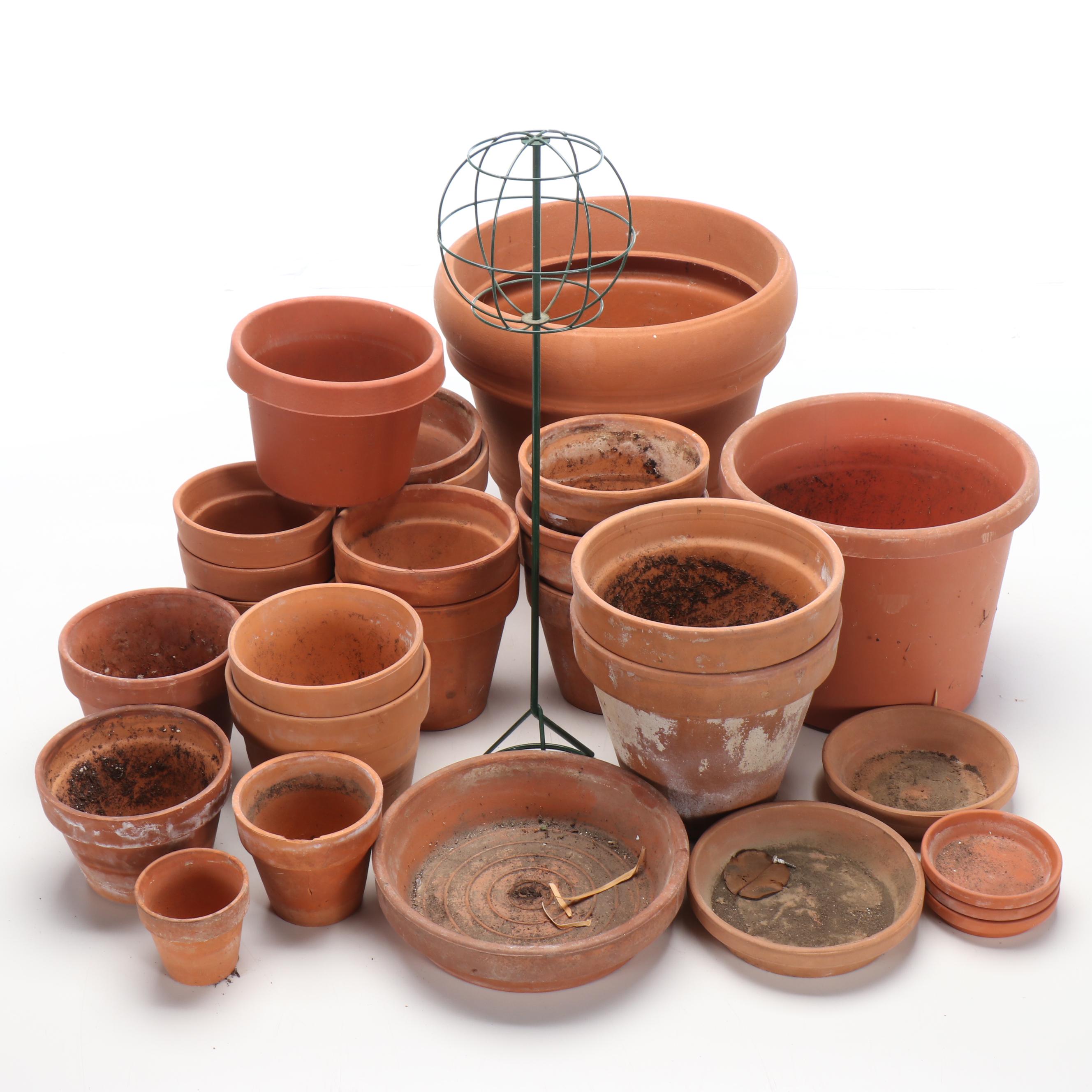 New England Pottery and Other Terracotta Pots with Metal Topiary Frame