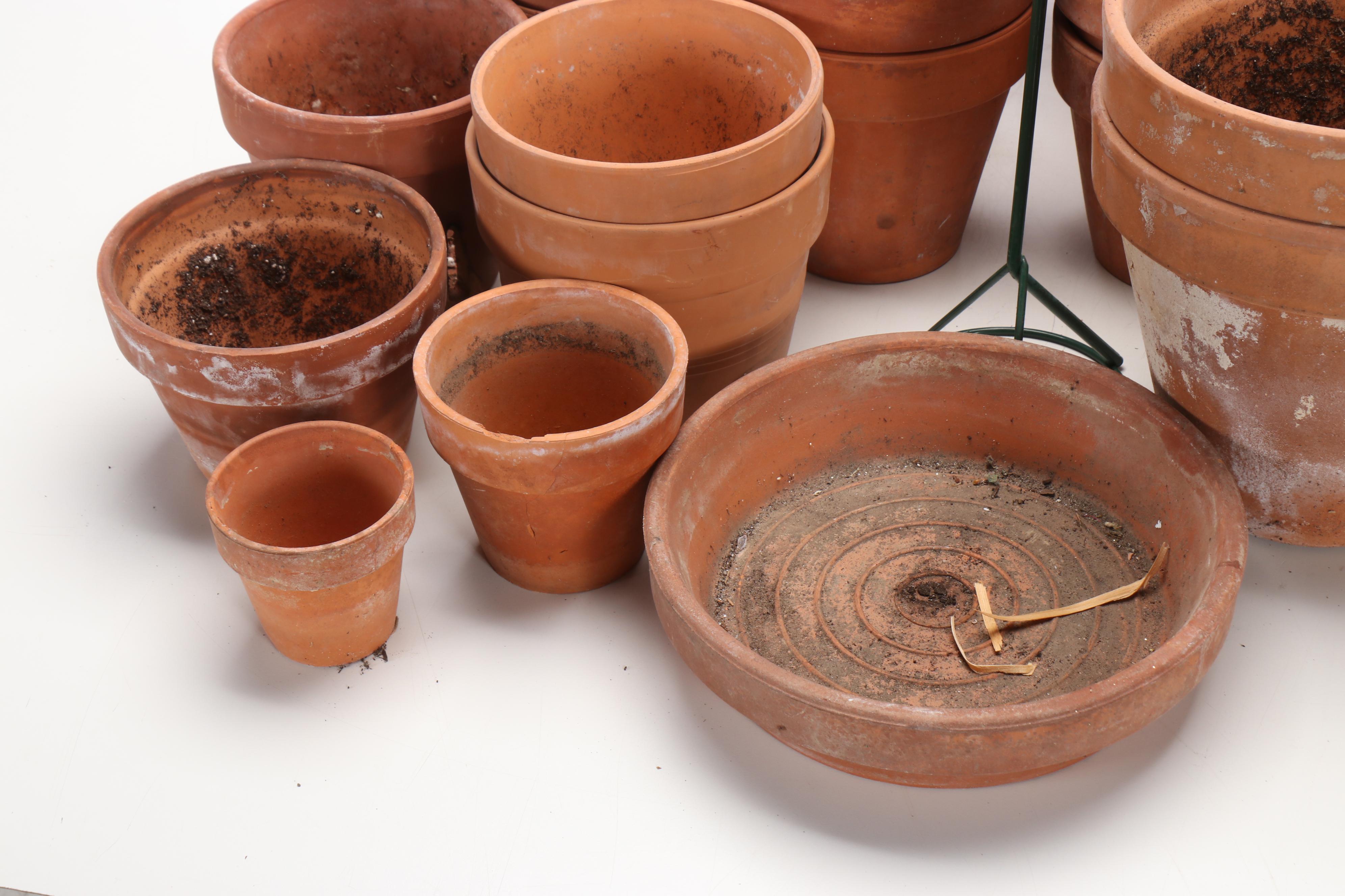 New England Pottery and Other Terracotta Pots with Metal Topiary Frame