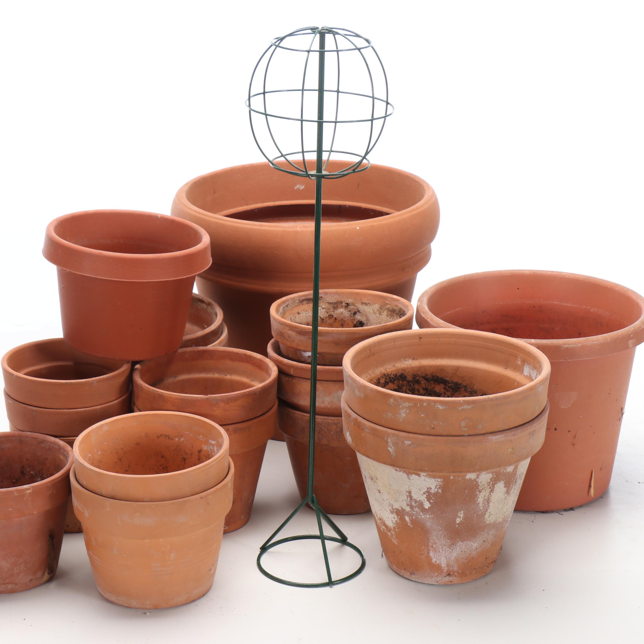 New England Pottery and Other Terracotta Pots with Metal Topiary Frame