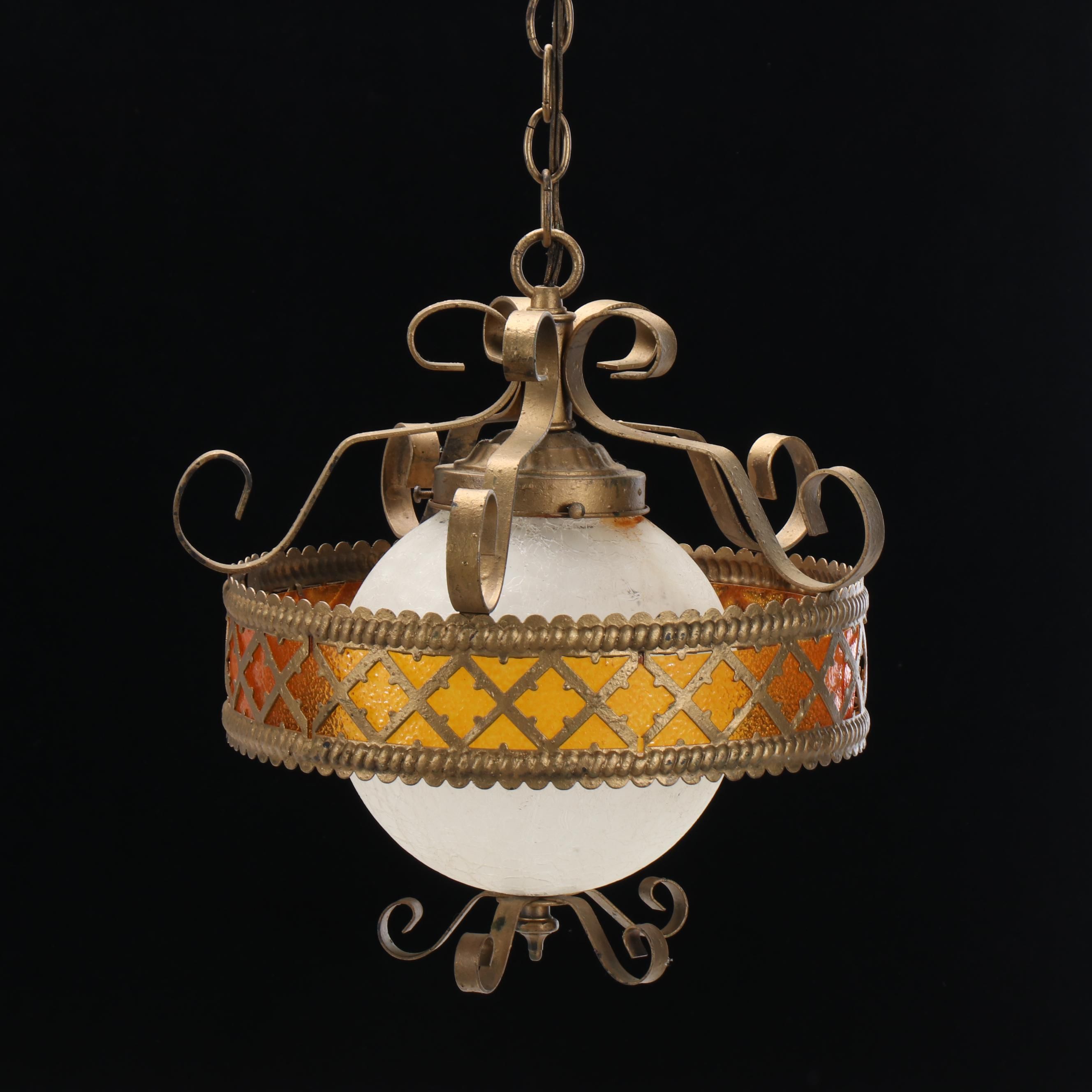 Satin Glass Orb Pendant Light with Amber Pebble Glass Band