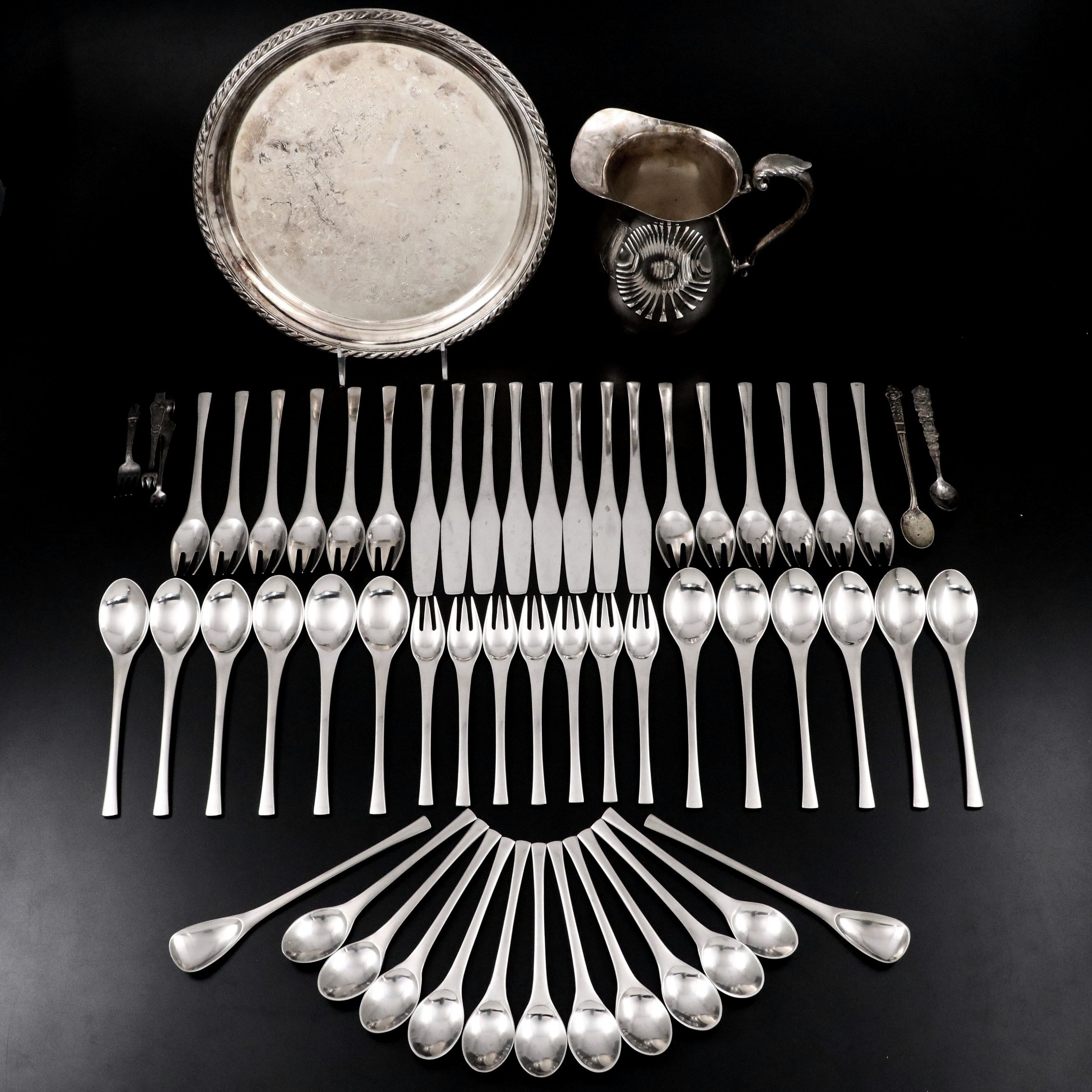 Dansk "Odin" Stainless Flatware with Silver Plate Pitcher and Others