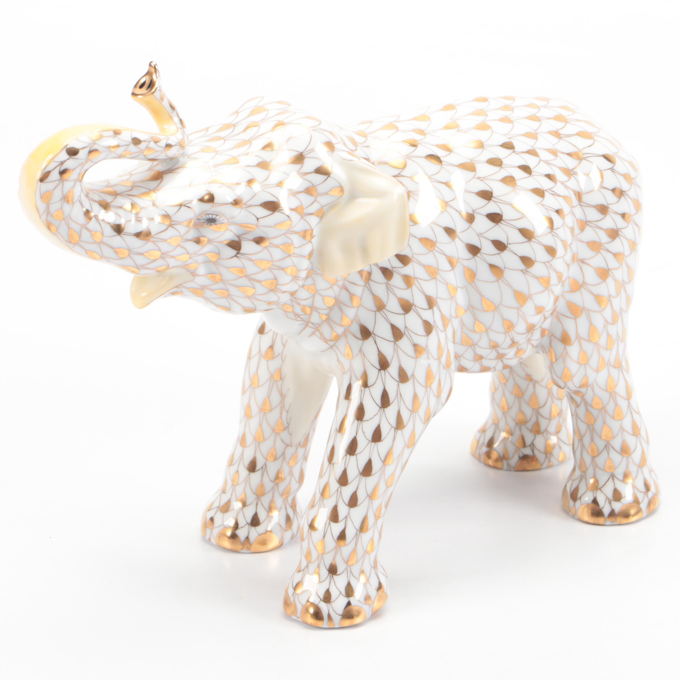 Herend Guild Limited Edition Gold Fishnet "Asian Elephant" Porcelain Figurine