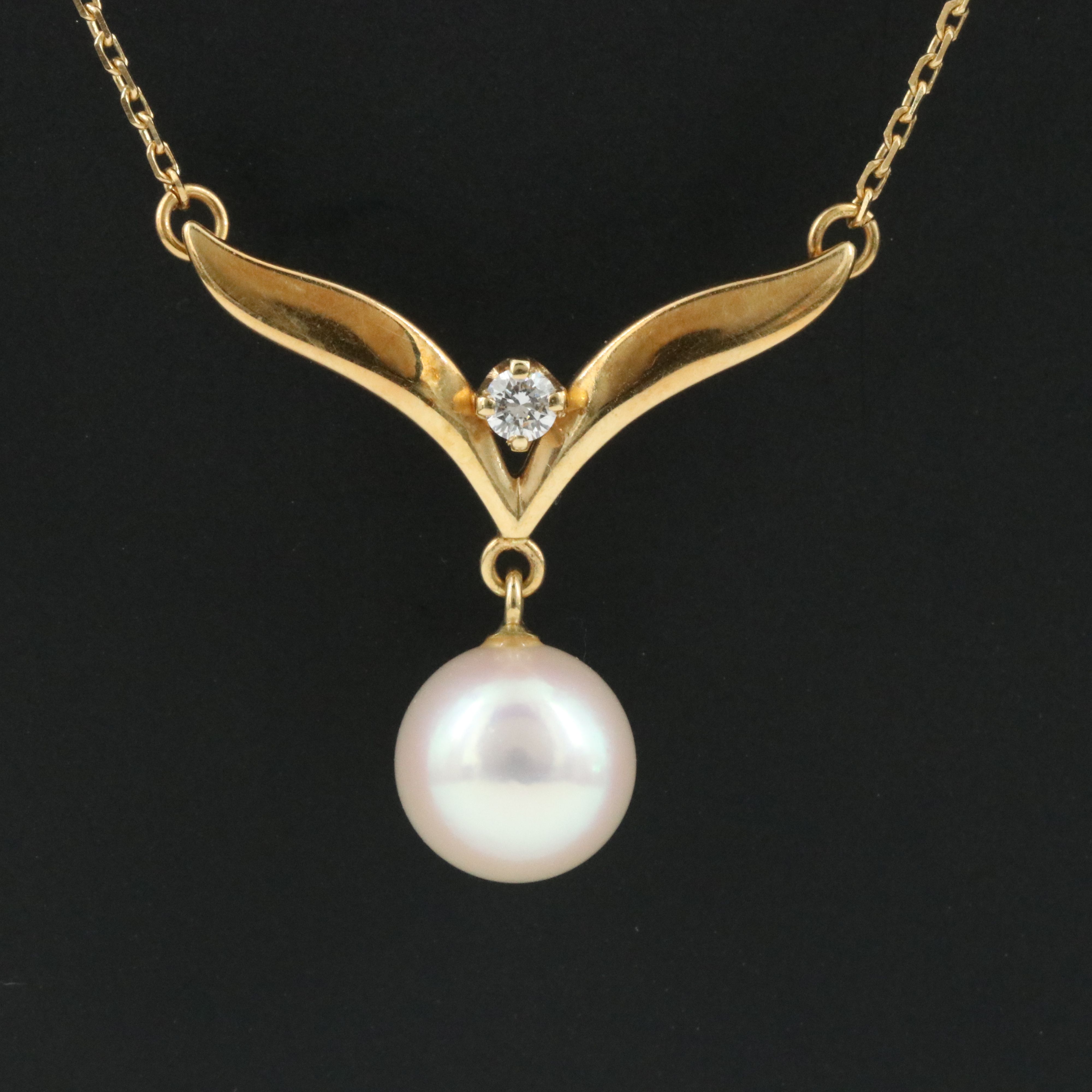 Mikimoto 18K Pearl and Diamond Drop Chevron Necklace