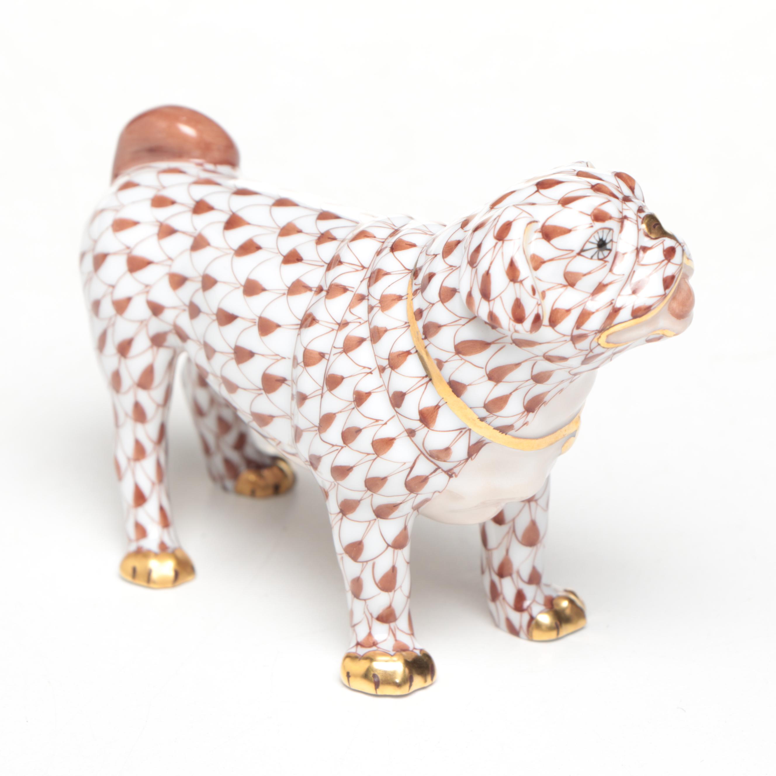 Herend Chocolate Fishnet with Gold "Pug Lola" Porcelain Figurine