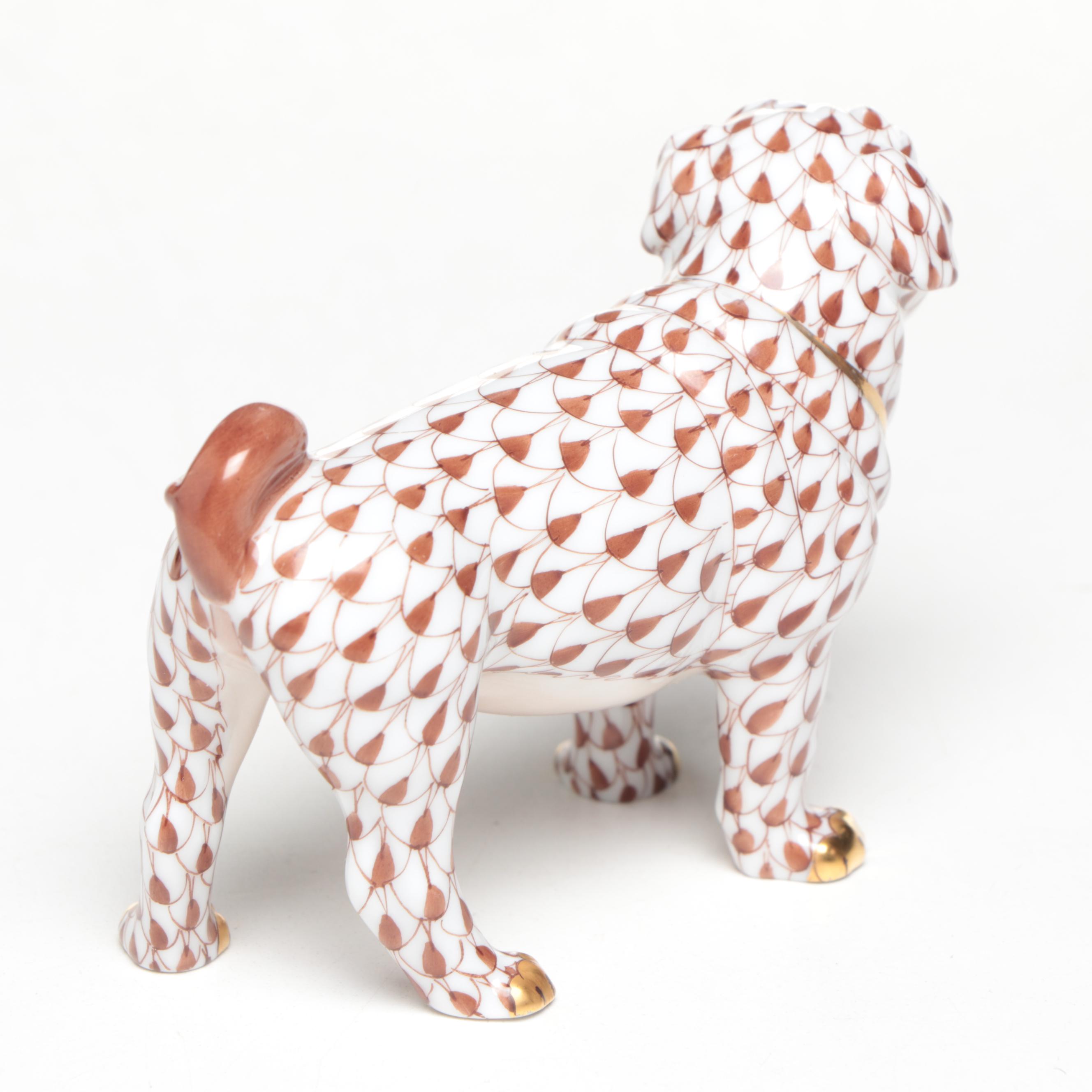 Herend Chocolate Fishnet with Gold "Pug Lola" Porcelain Figurine