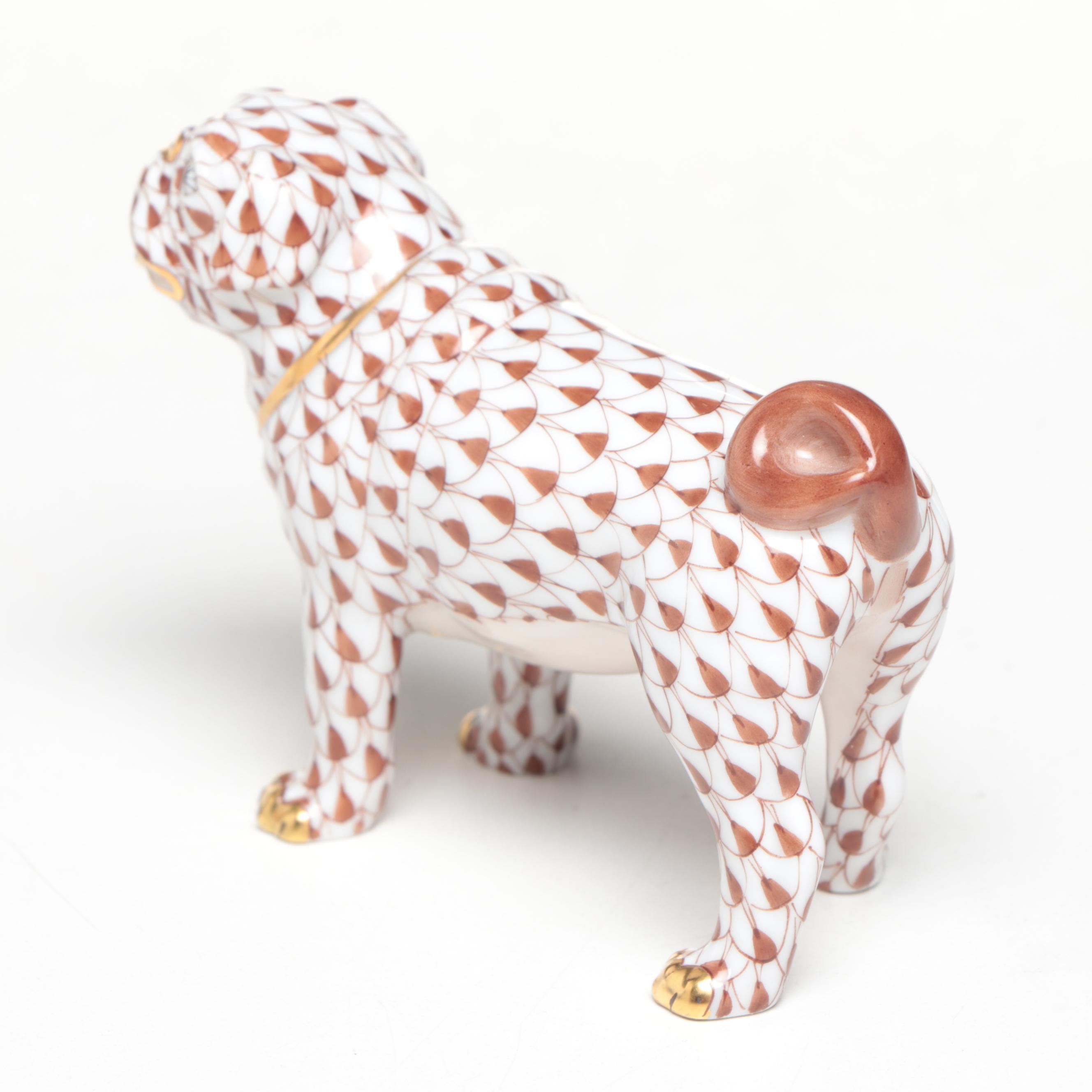 Herend Chocolate Fishnet with Gold "Pug Lola" Porcelain Figurine