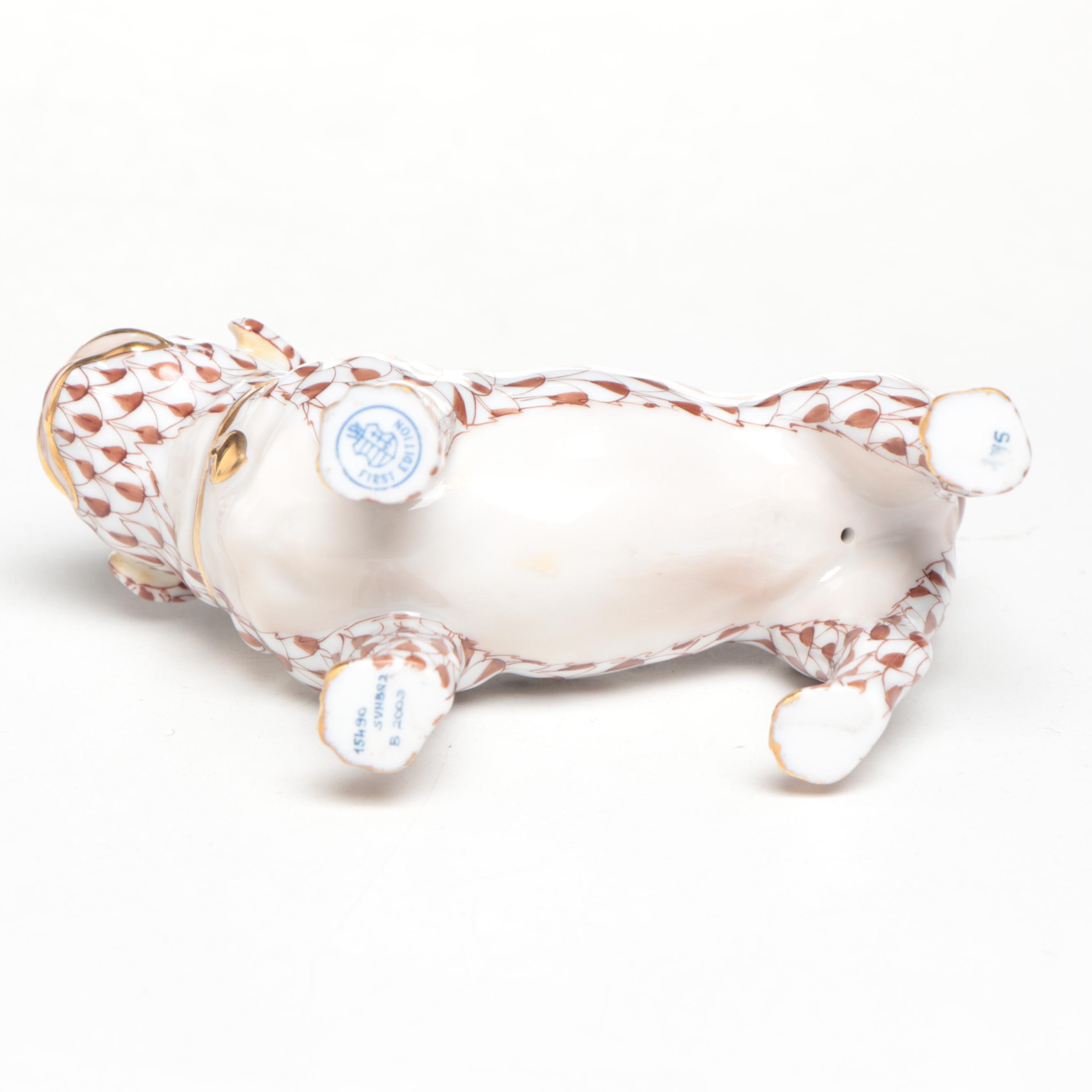 Herend Chocolate Fishnet with Gold "Pug Lola" Porcelain Figurine