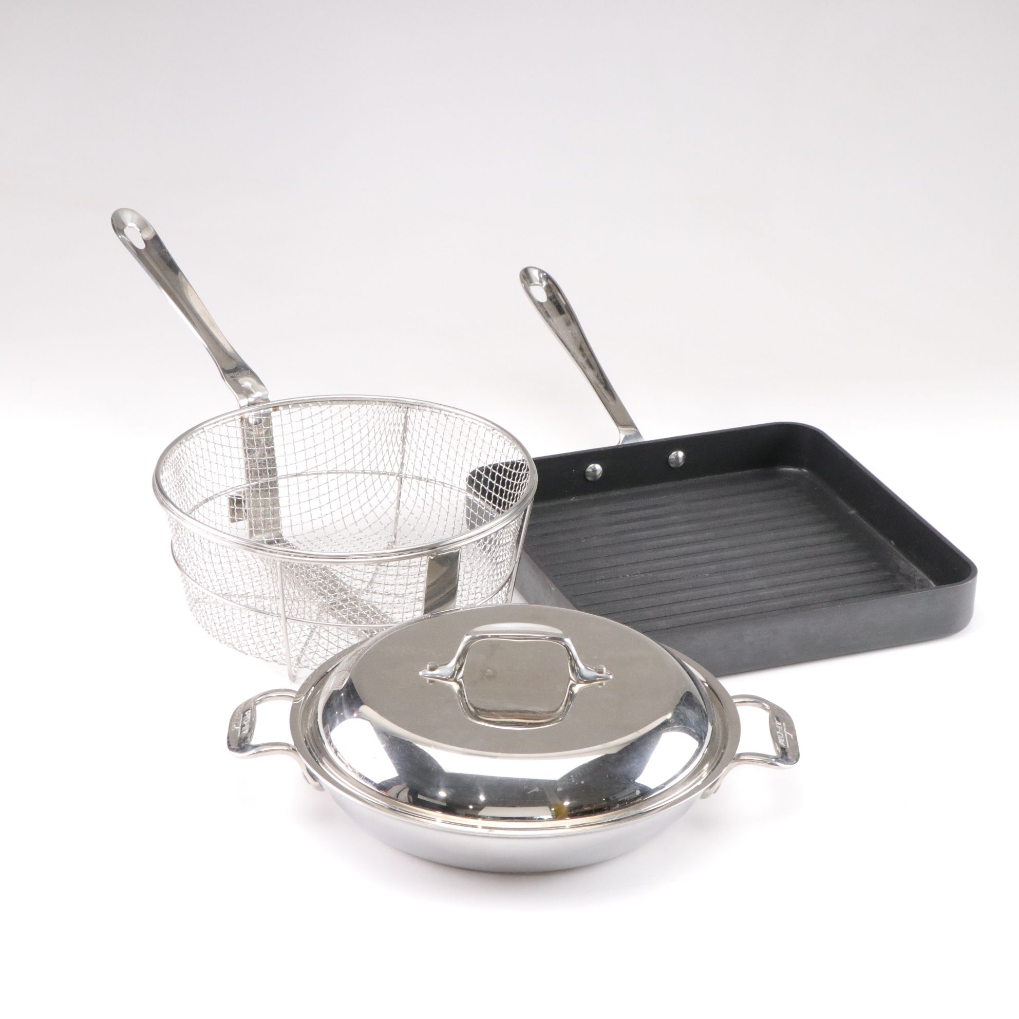 All-Clad Stainless Steel Chef's Pan, Frying Basket, and Nonstick Square Grill