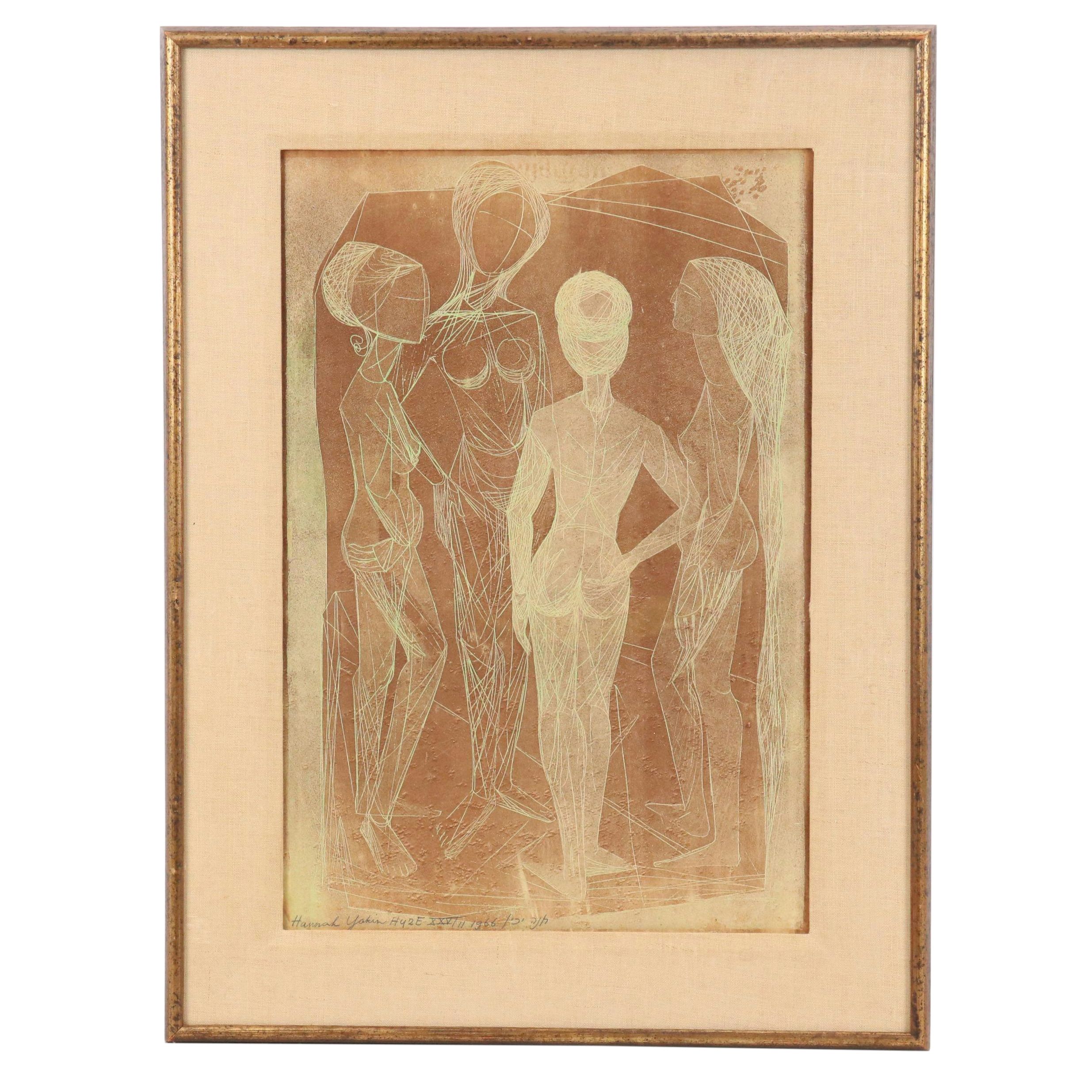 Hannah Yakin Hand-Colored Etching of Figural Composition, 1966