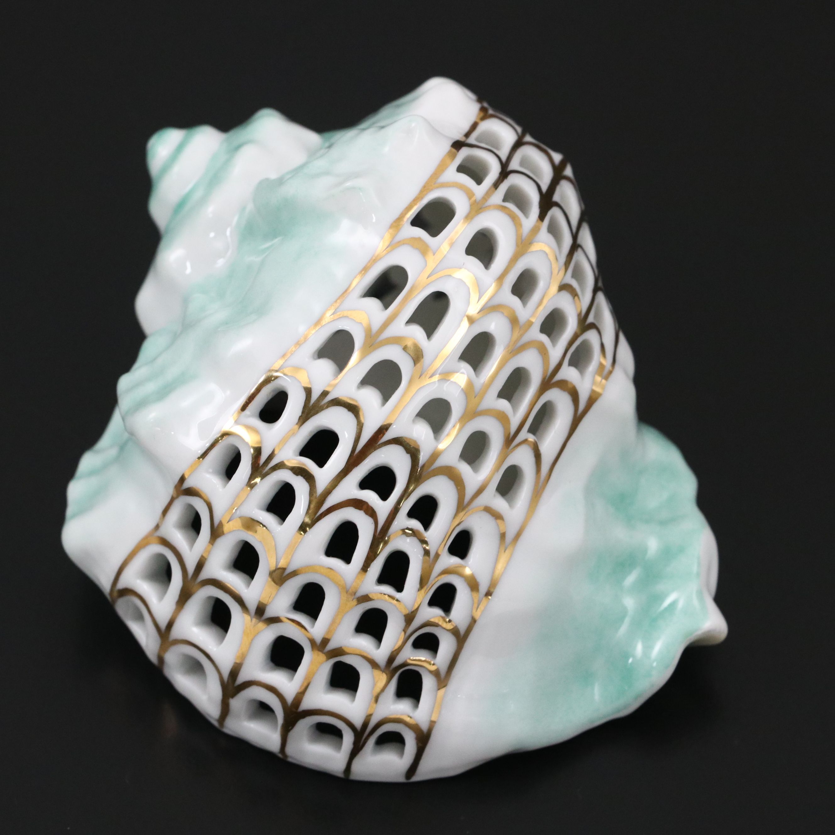 Herend Sea Green with Gold "Pierced Helmet Shell" Openwork Porcelain Figurine