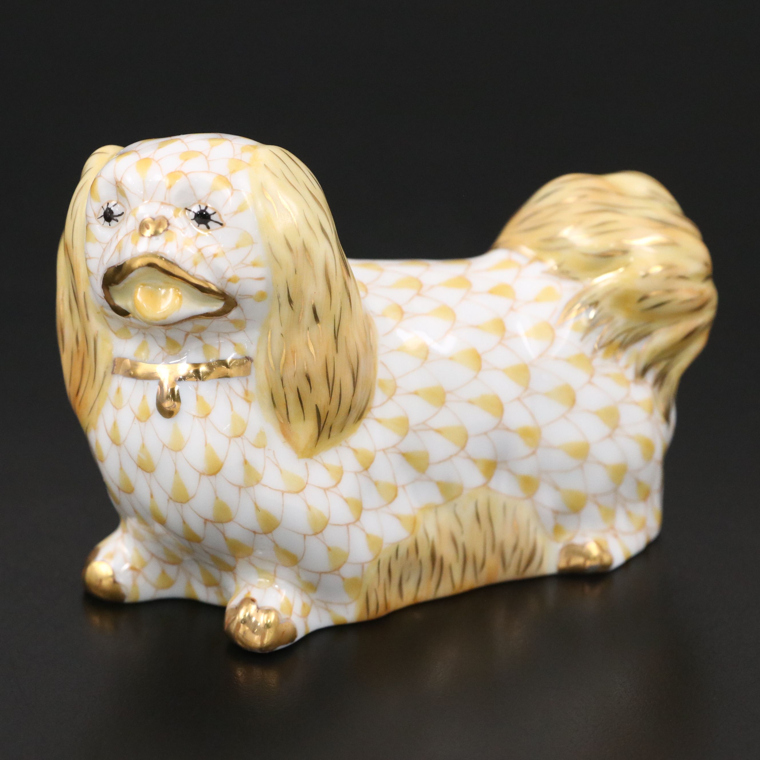 Herend "Pekingese" Butterscotch and Gold Fishnet Porcelain Figurine
