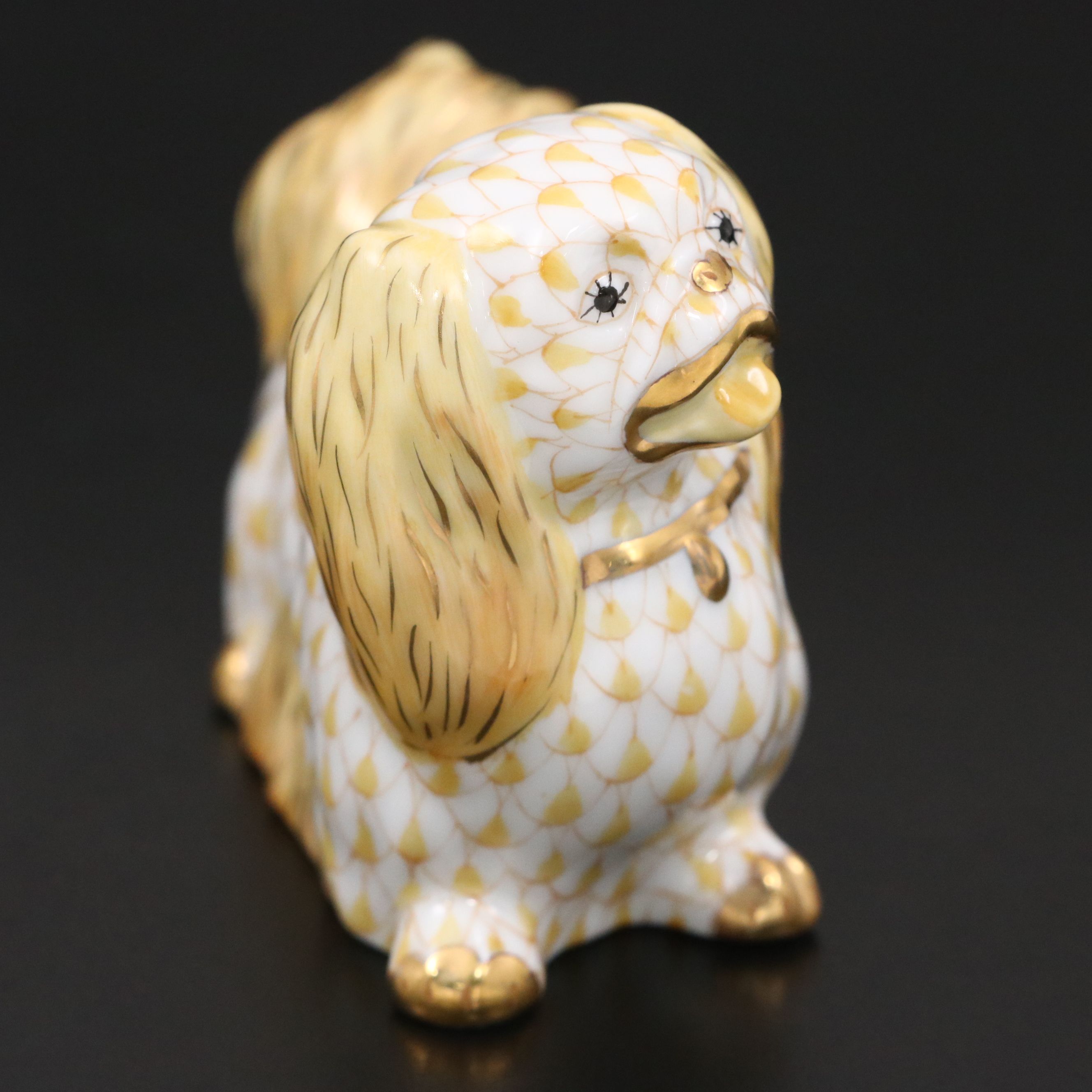 Herend "Pekingese" Butterscotch and Gold Fishnet Porcelain Figurine