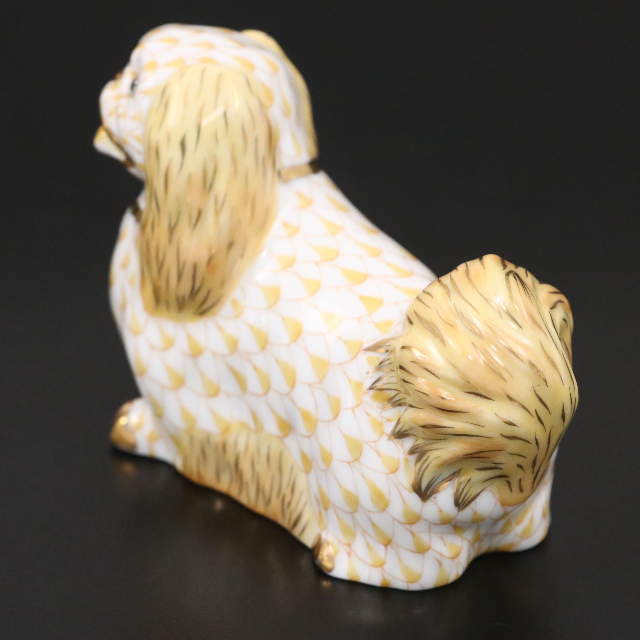 Herend "Pekingese" Butterscotch and Gold Fishnet Porcelain Figurine