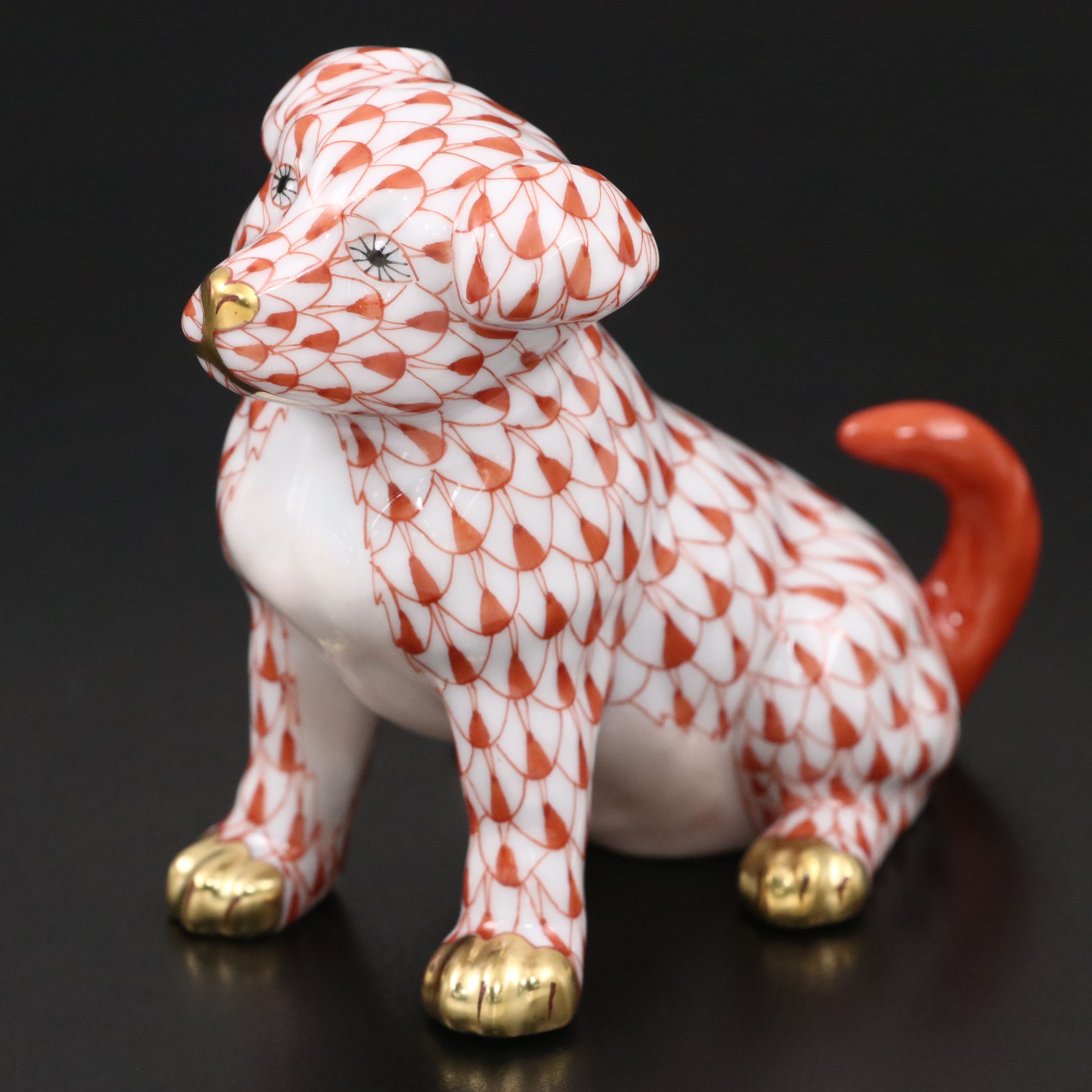 Herend "Puppy" Rust Fishnet and Gold Porcelain Figurine