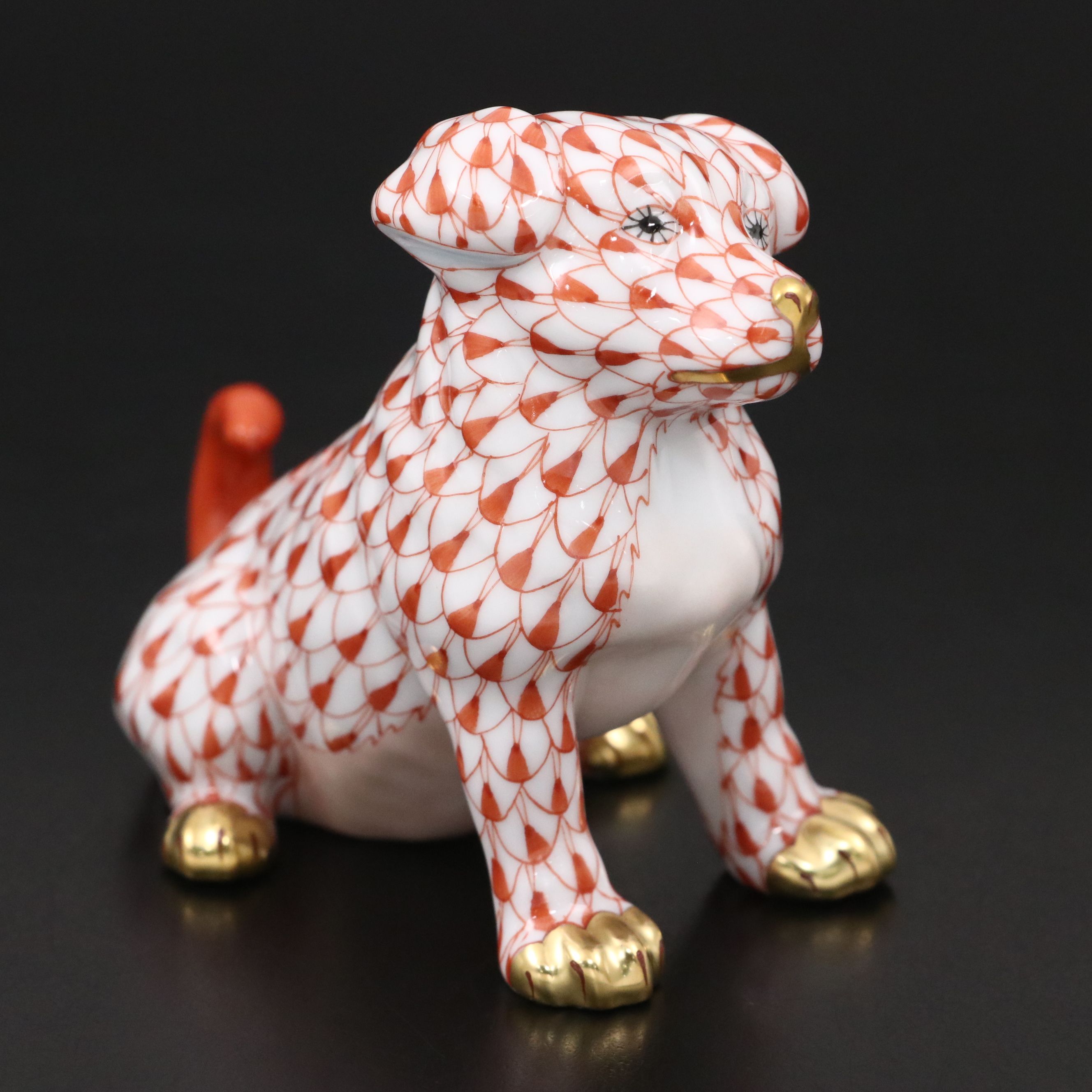 Herend "Puppy" Rust Fishnet and Gold Porcelain Figurine