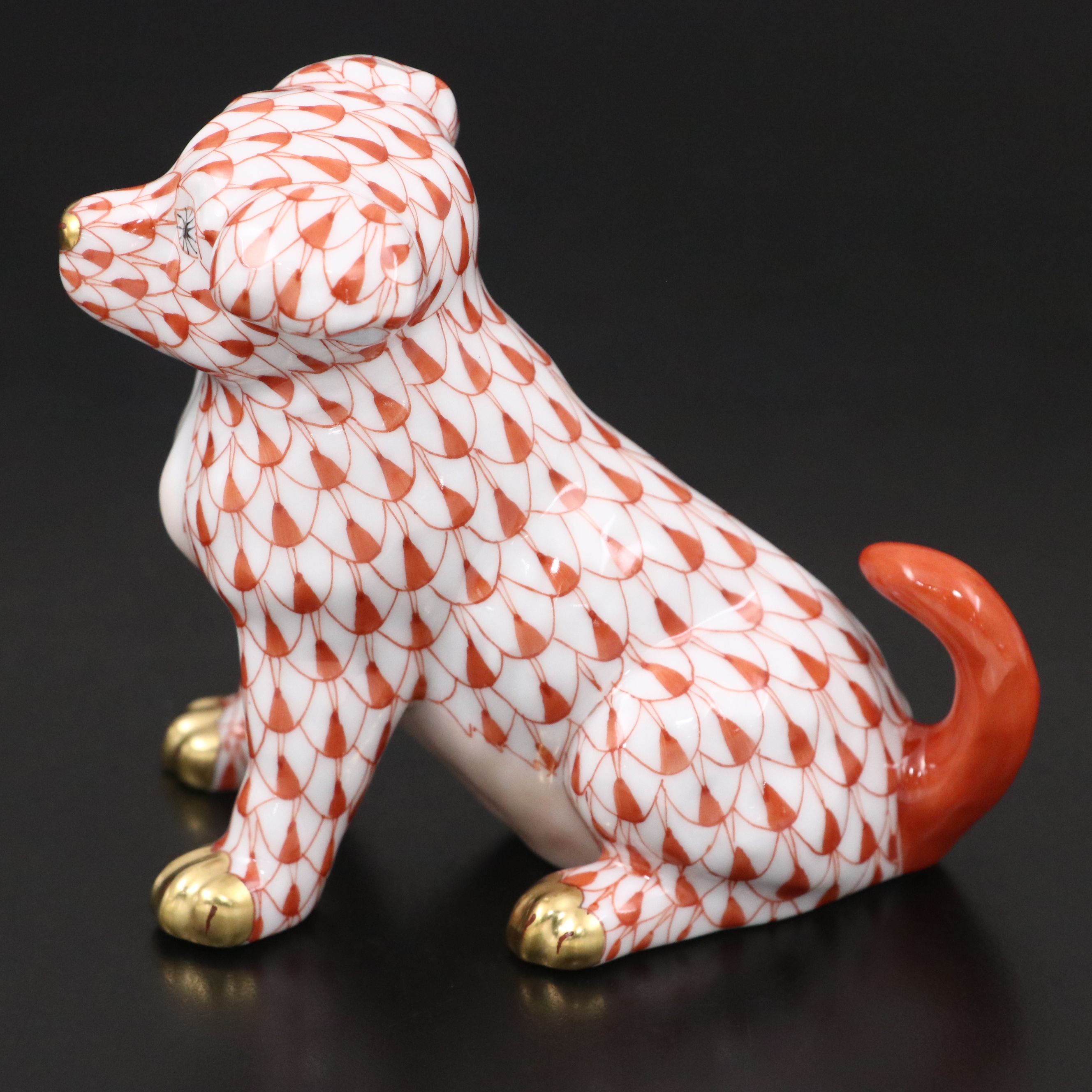 Herend "Puppy" Rust Fishnet and Gold Porcelain Figurine