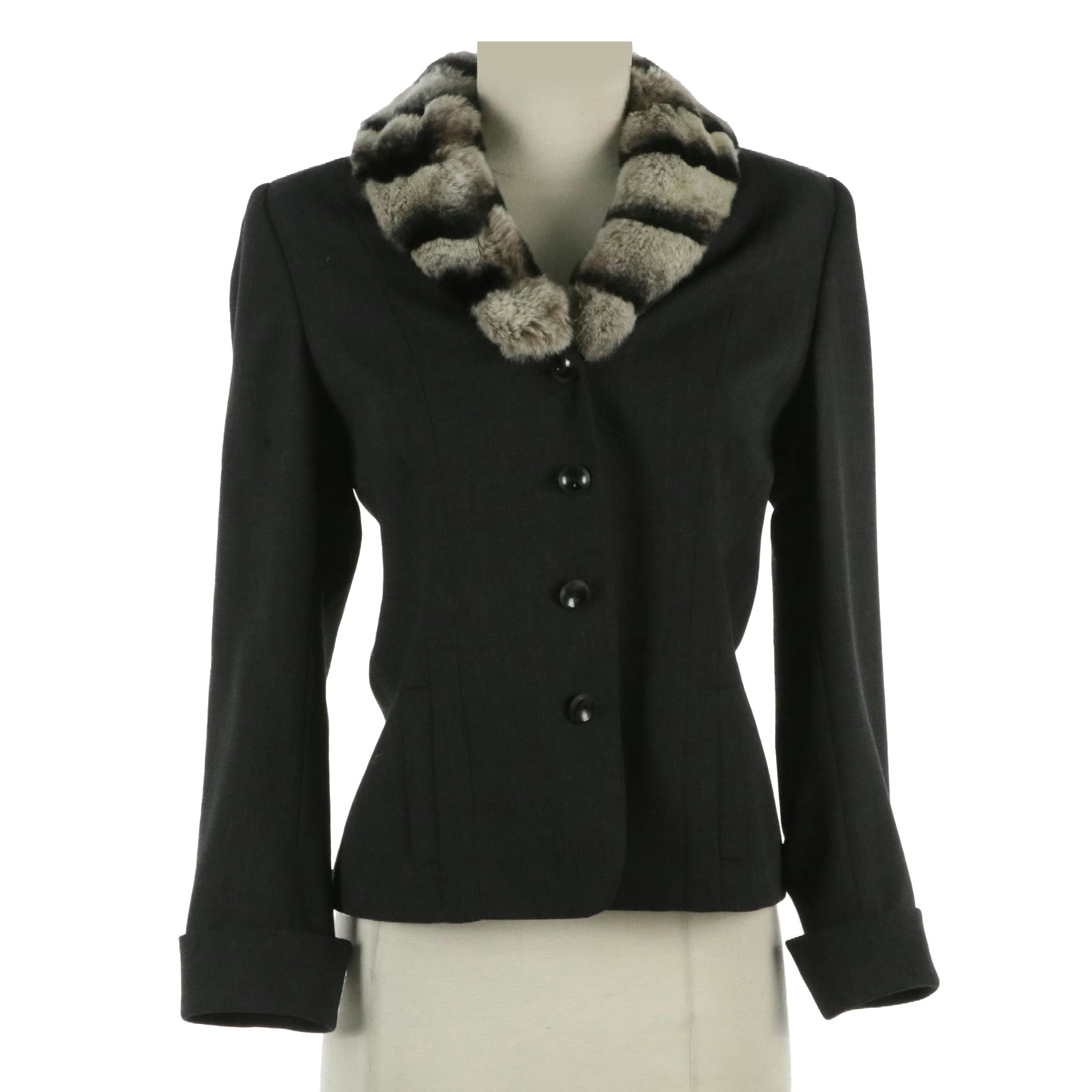 Dana Buchman Charcoal Grey Wool Blend Blazer with Striped Rabbit Fur Collar