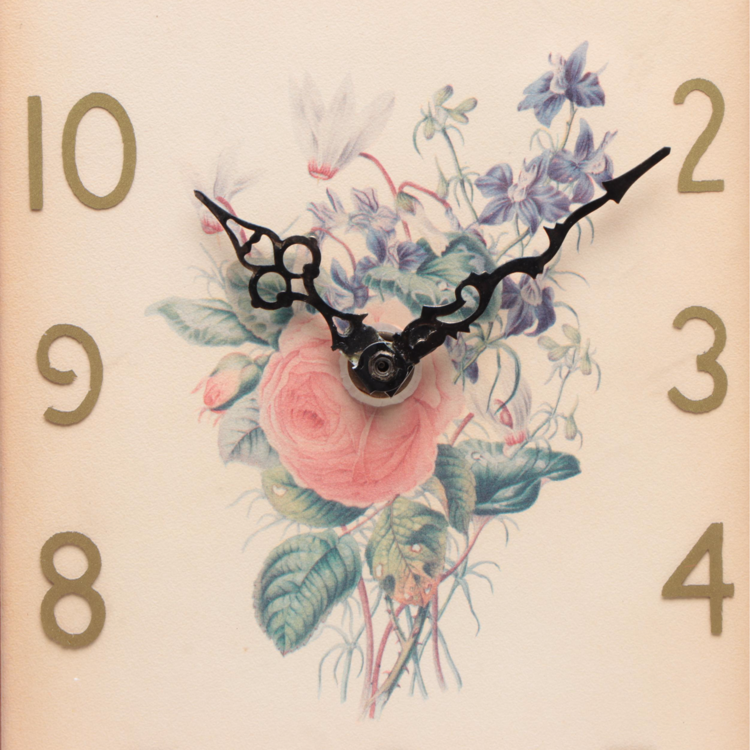 Wooden Desk Clock with Floral Clock Face