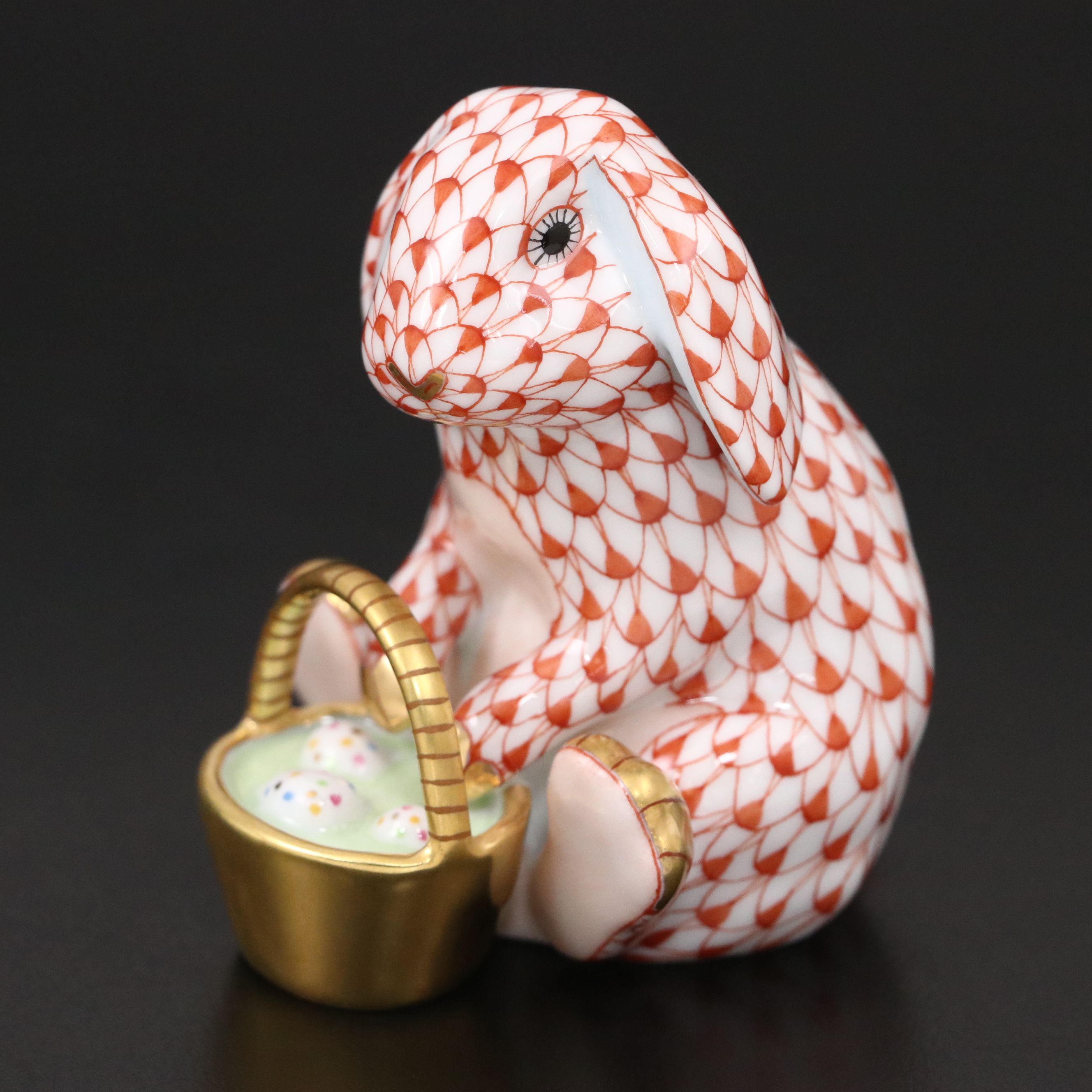 Herend Rust Fishnet with Gold "Bunny with Basket" Porcelain Figurine