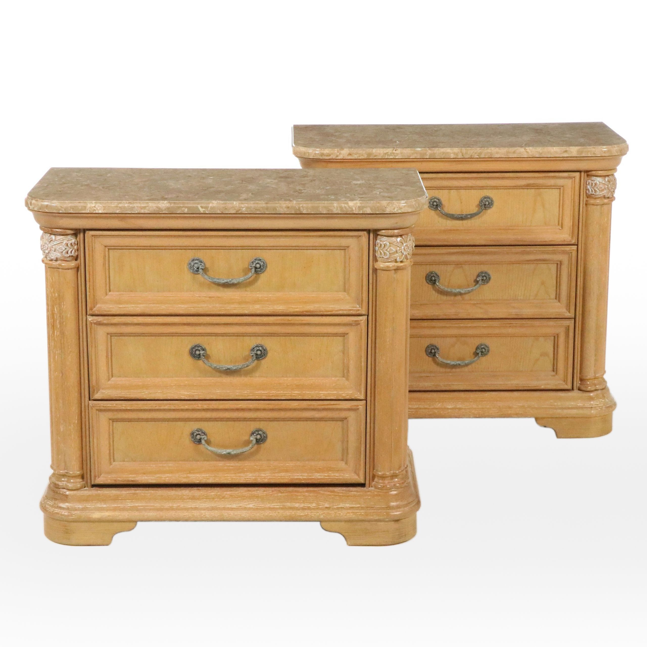 Pair of Stanley Furniture French Regency Style Marble Top Wood Nightstands