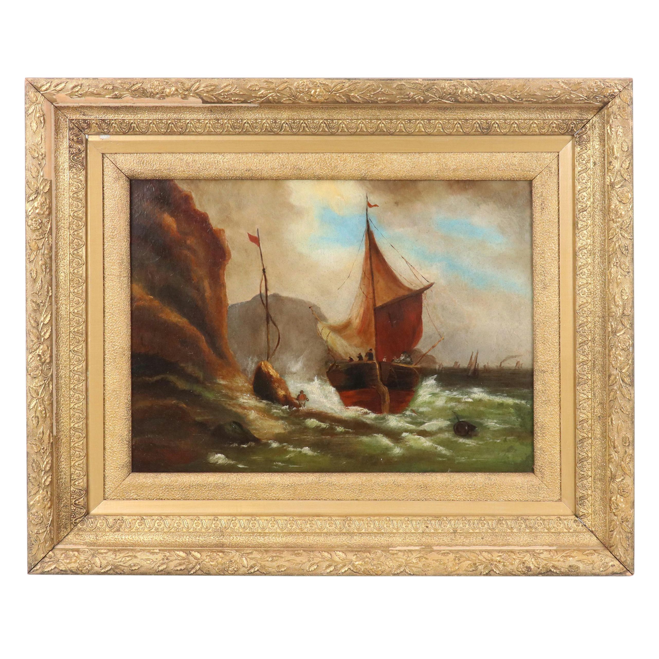 Continental School Nautical Oil Painting of Ships at Rough Seas, 19th Century