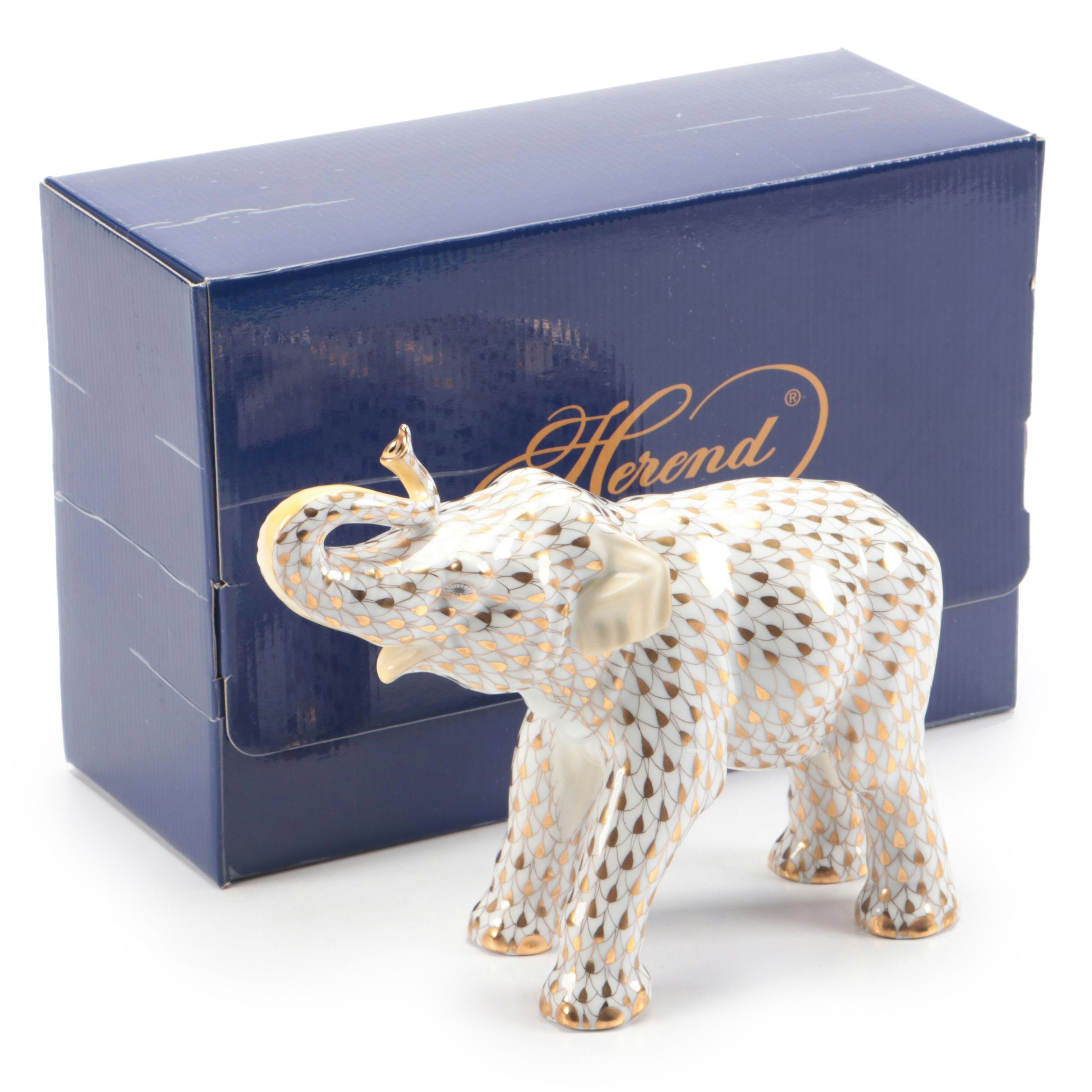 Herend Guild Limited Edition Gold Fishnet "Asian Elephant" Porcelain Figurine