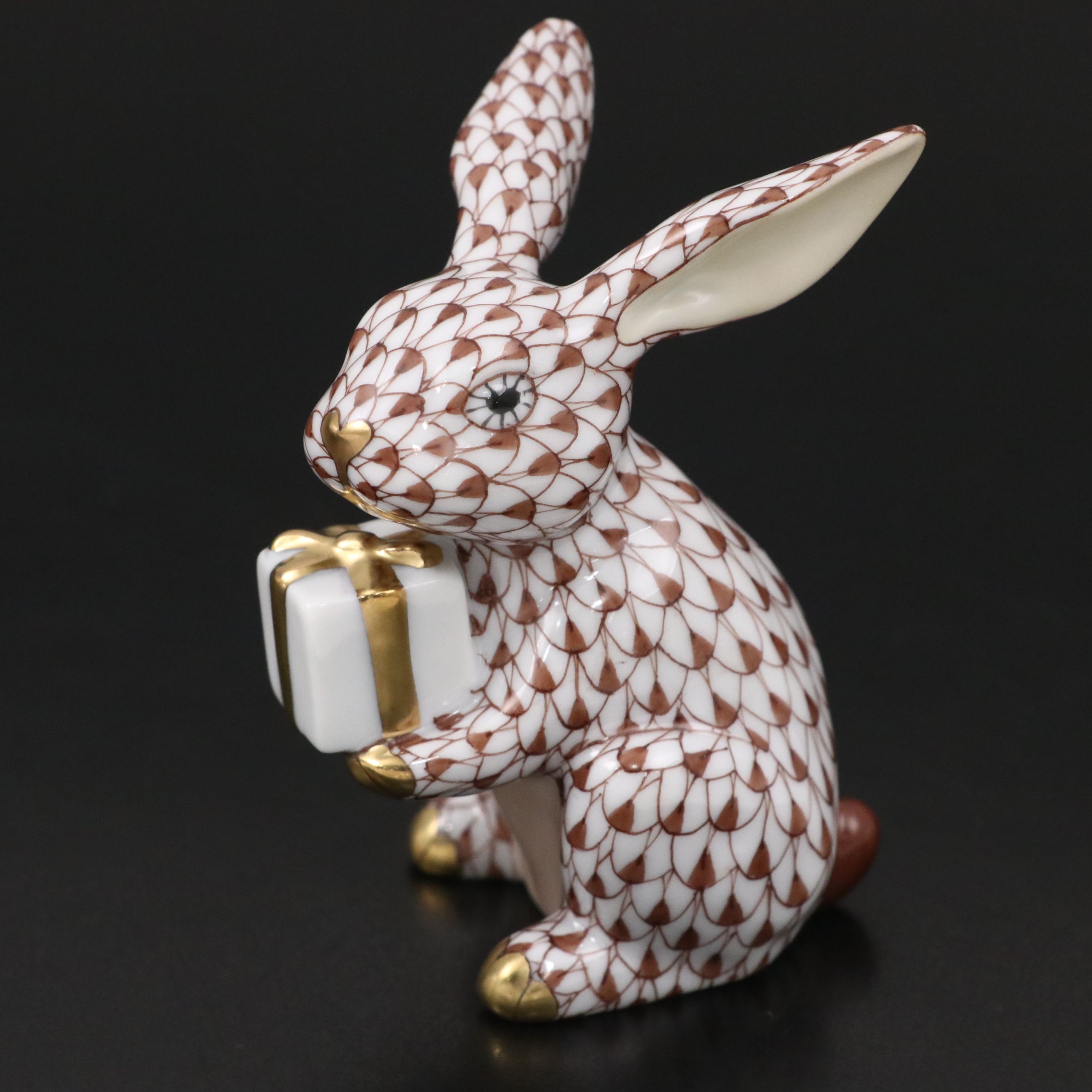 Herend Chocolate Fishnet with Gold "Celebration Bunny" Porcelain Figurine