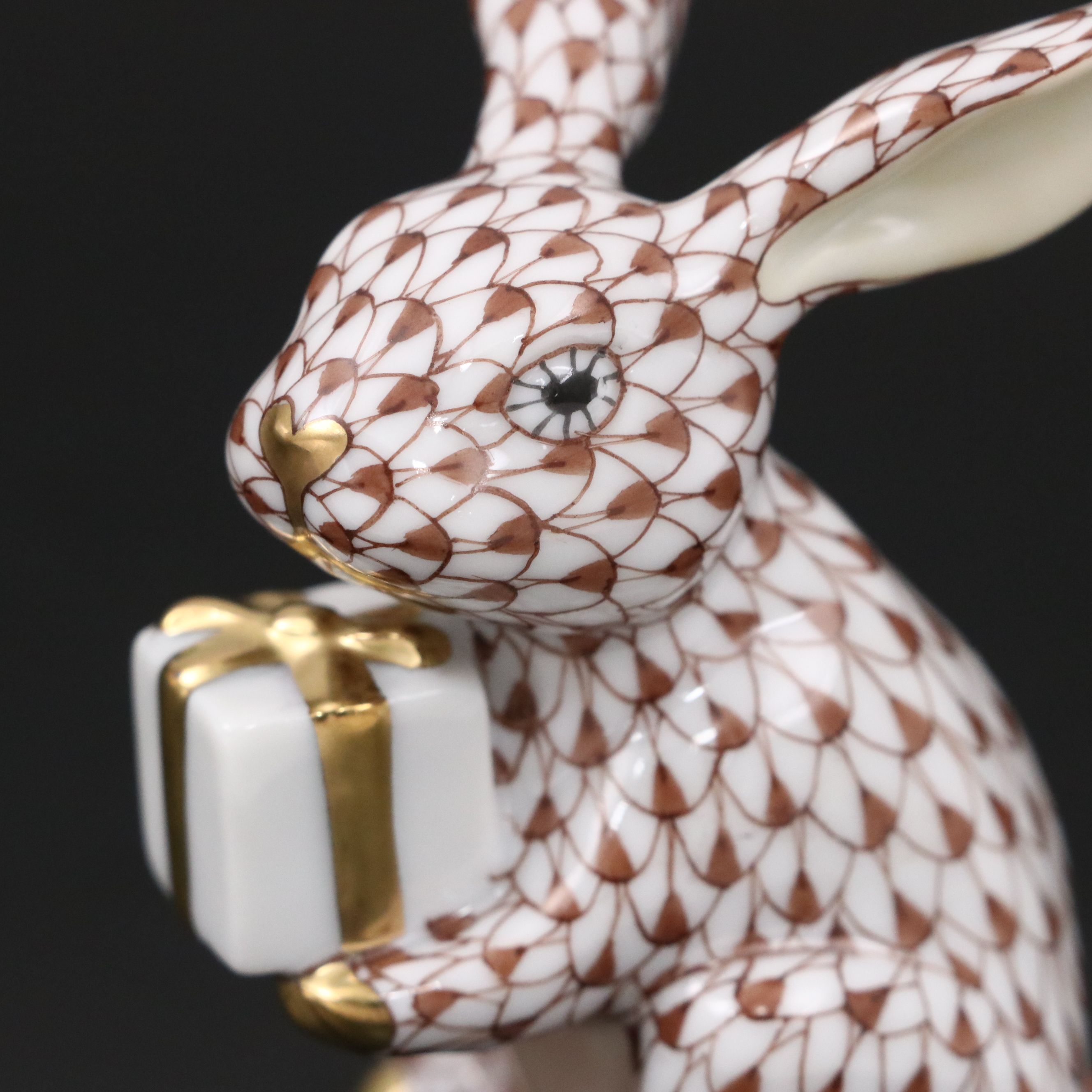 Herend Chocolate Fishnet with Gold "Celebration Bunny" Porcelain Figurine