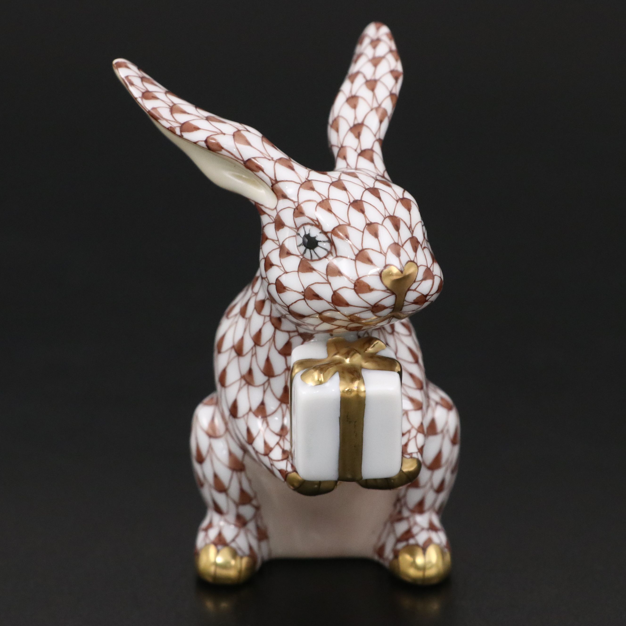 Herend Chocolate Fishnet with Gold "Celebration Bunny" Porcelain Figurine