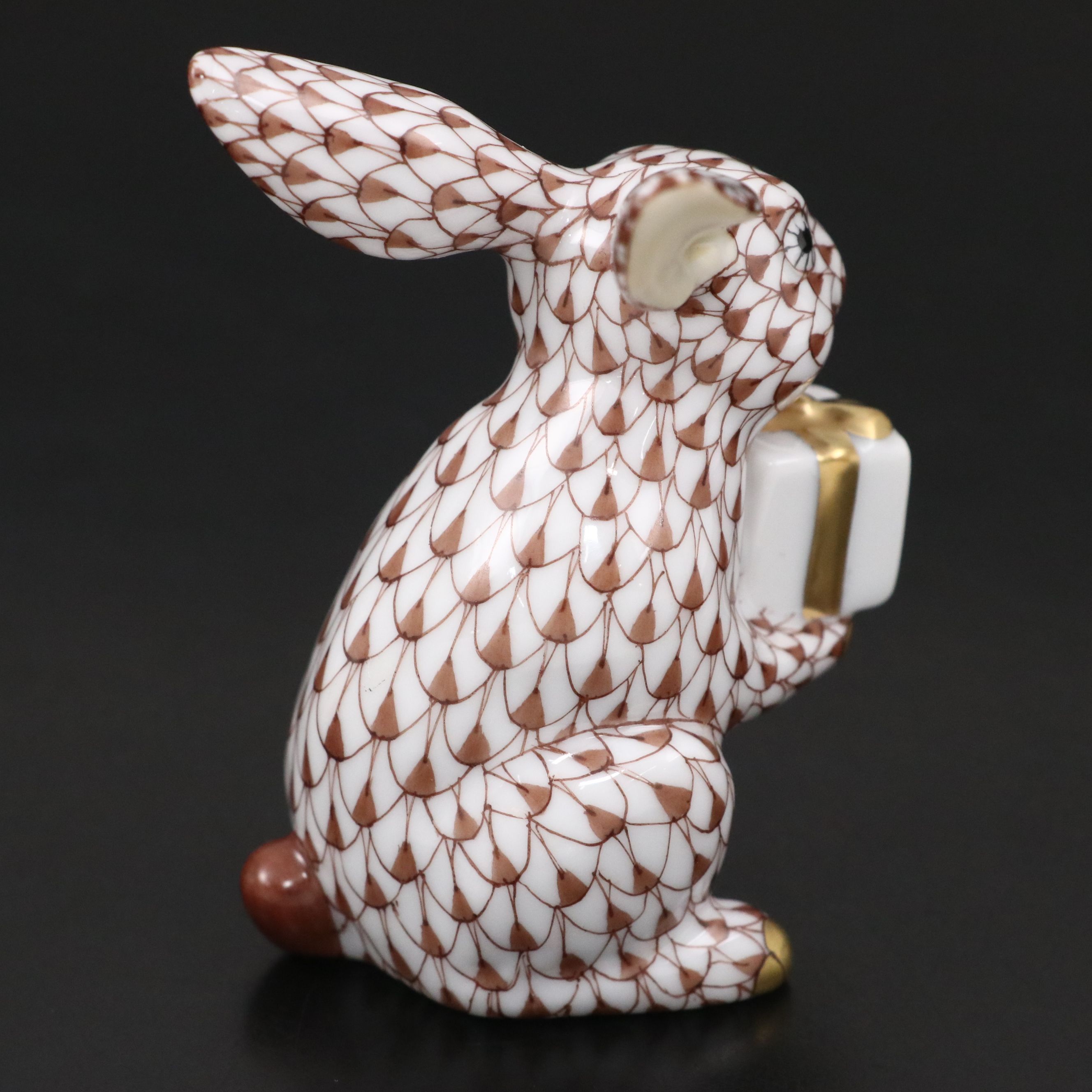 Herend Chocolate Fishnet with Gold "Celebration Bunny" Porcelain Figurine