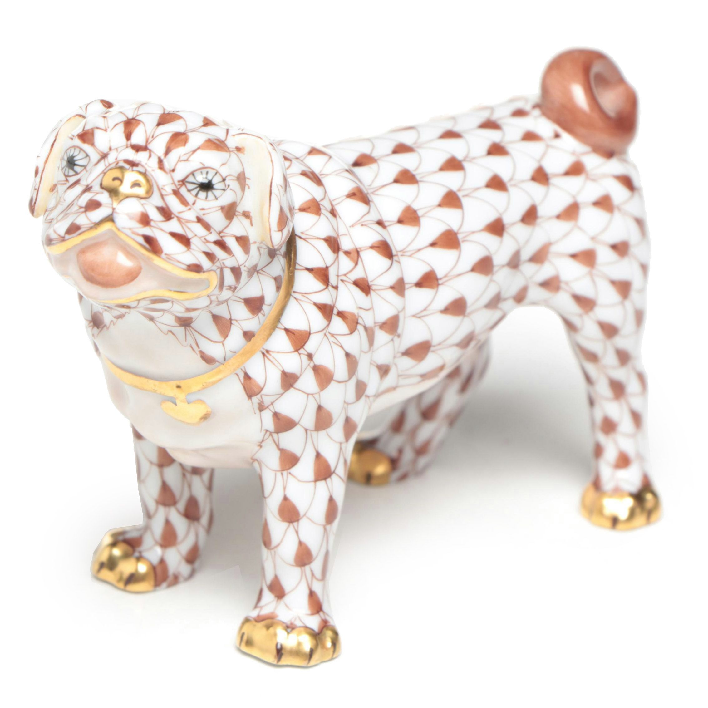 Herend Chocolate Fishnet with Gold "Pug Lola" Porcelain Figurine