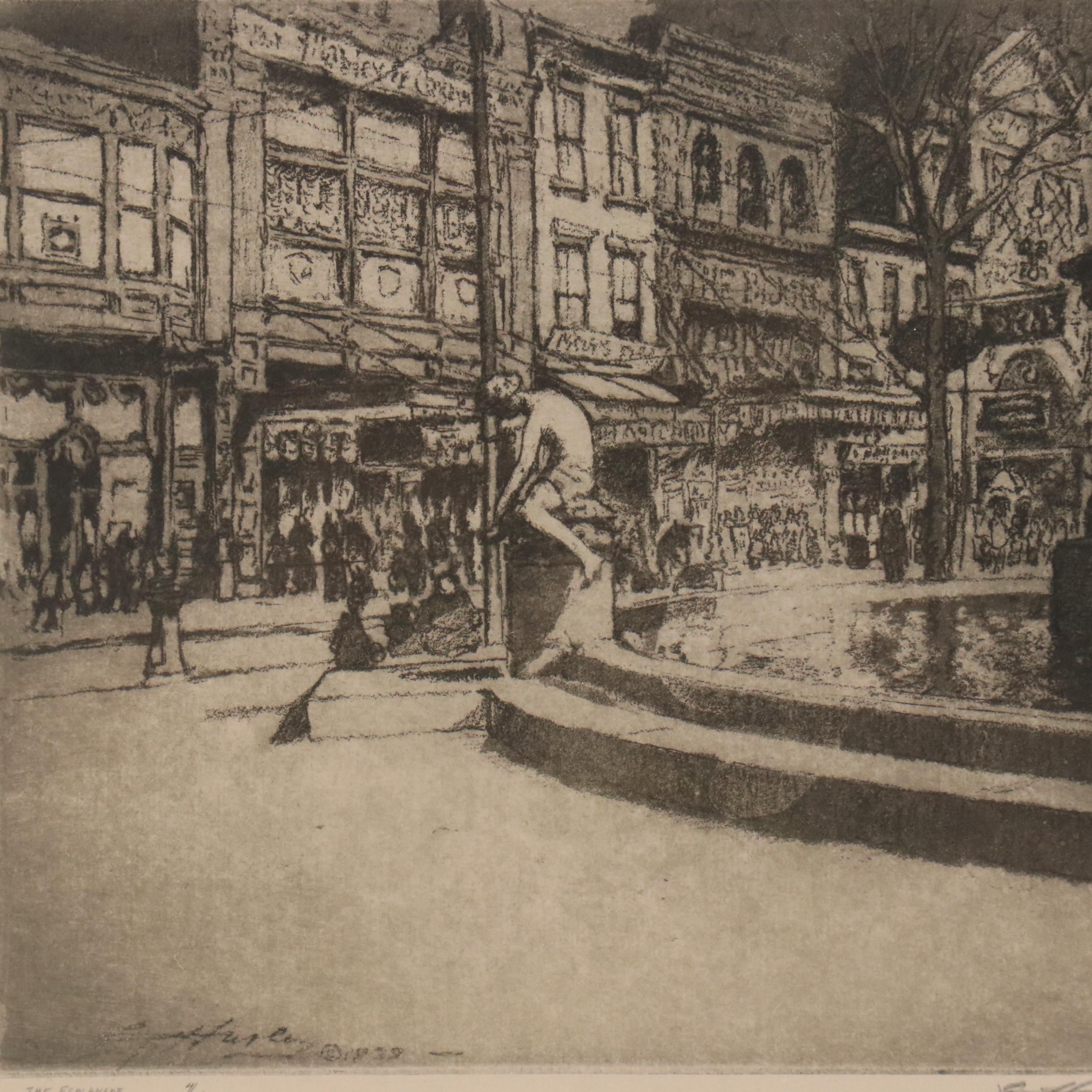 E. T. Hurley Aquatint Etching of Fountain Square, Cincinnati, 1929