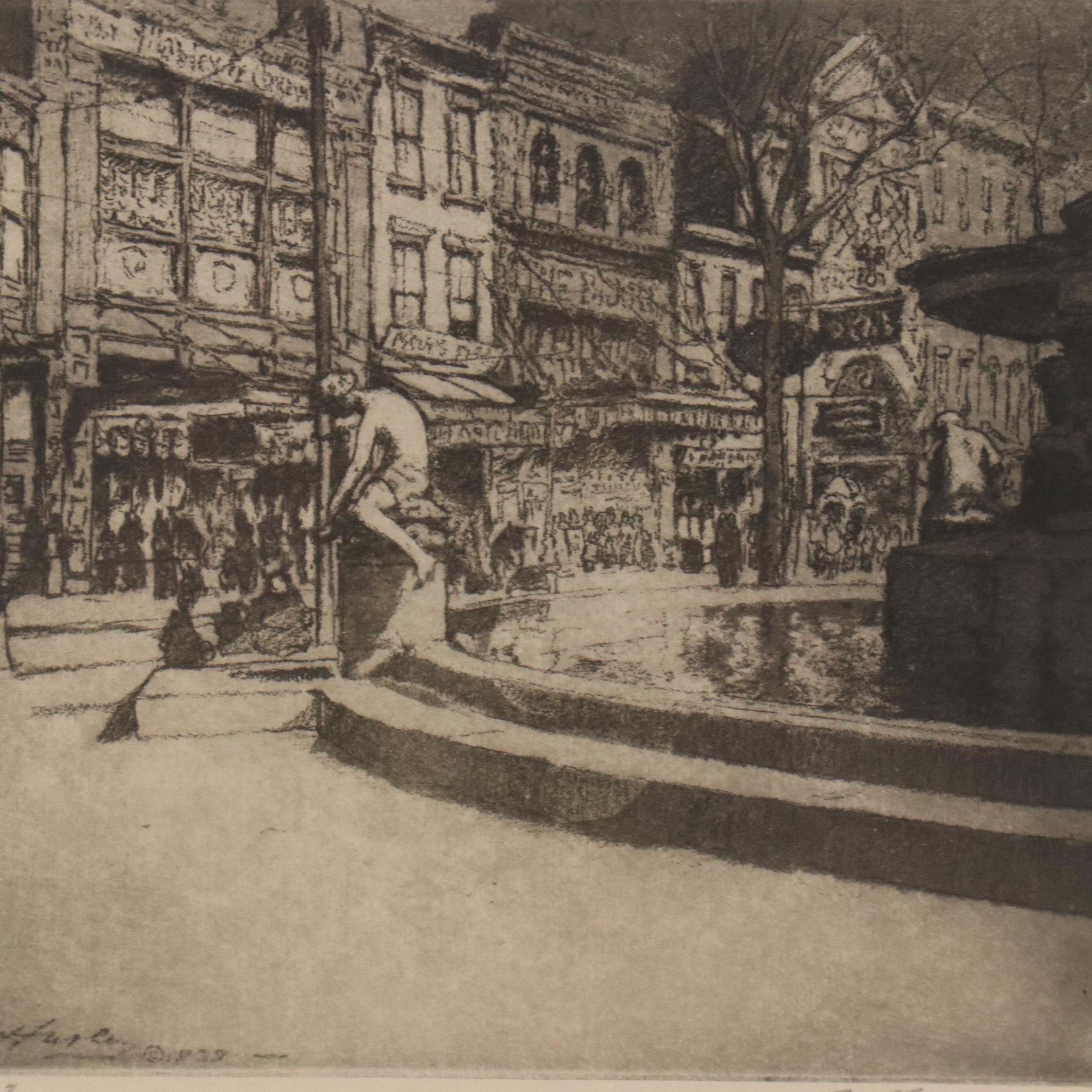 E. T. Hurley Aquatint Etching of Fountain Square, Cincinnati, 1929