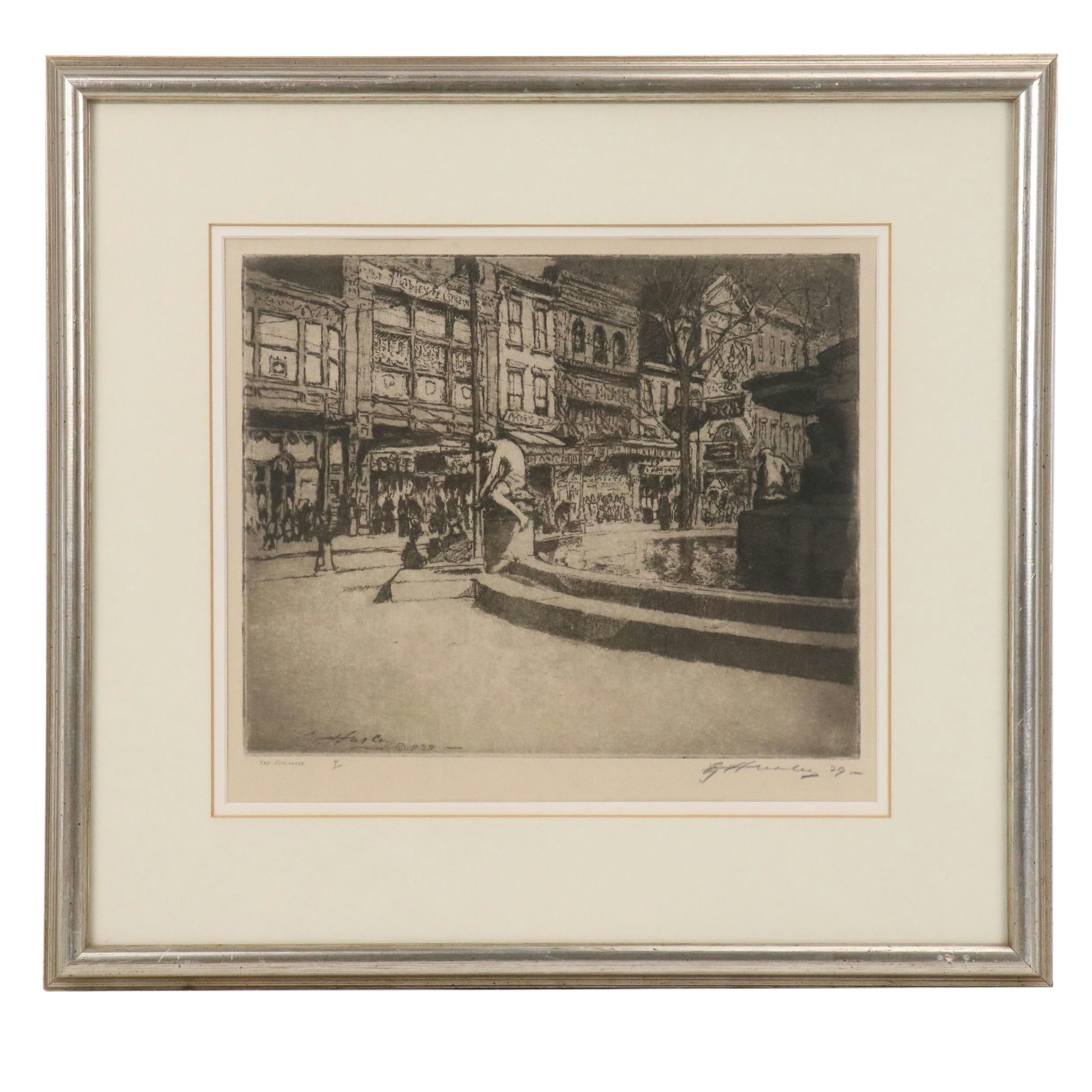 E. T. Hurley Aquatint Etching of Fountain Square, Cincinnati, 1929