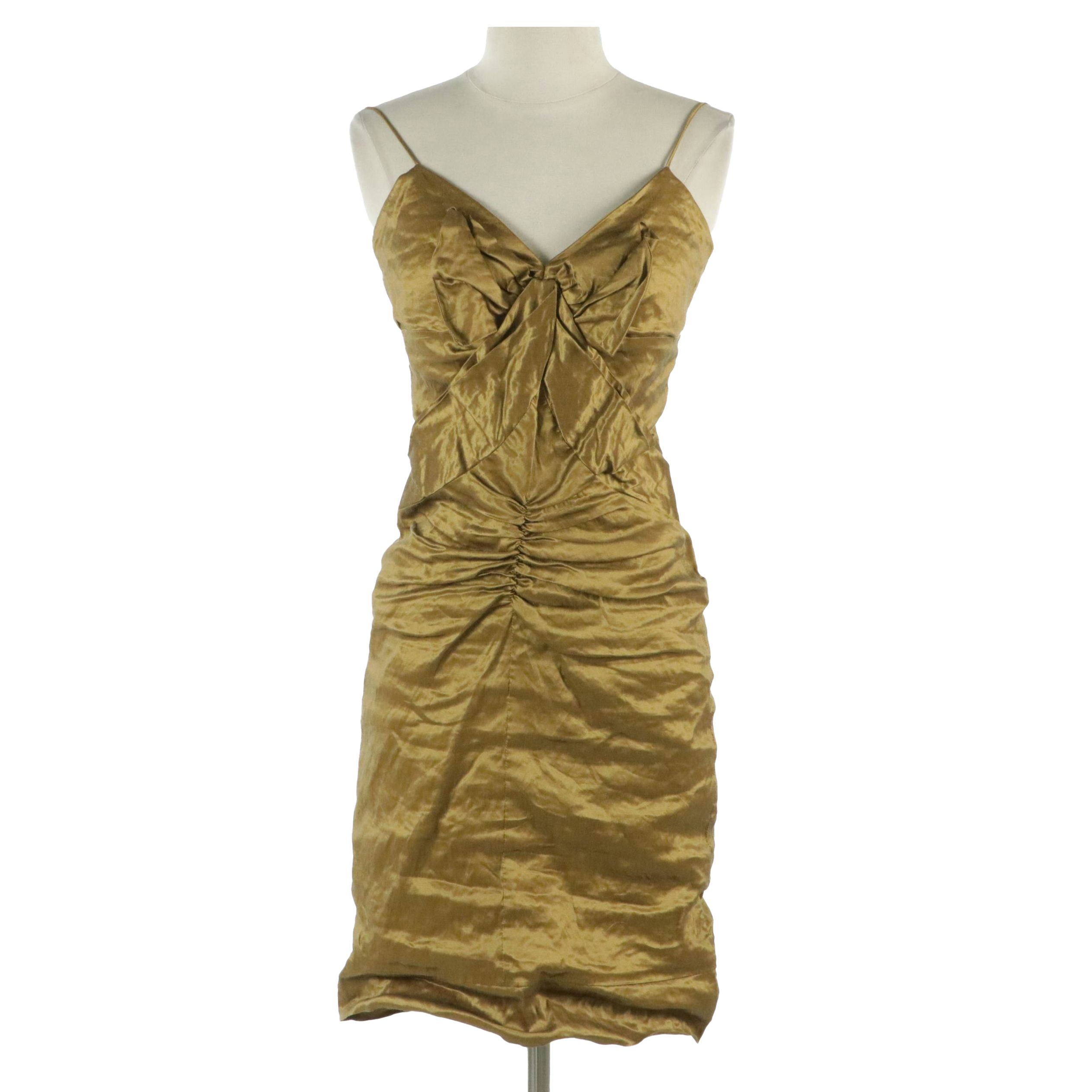 Nicole Miller Metallic Gold Spaghetti Strap Ruched Knee-Length Cocktail Dress