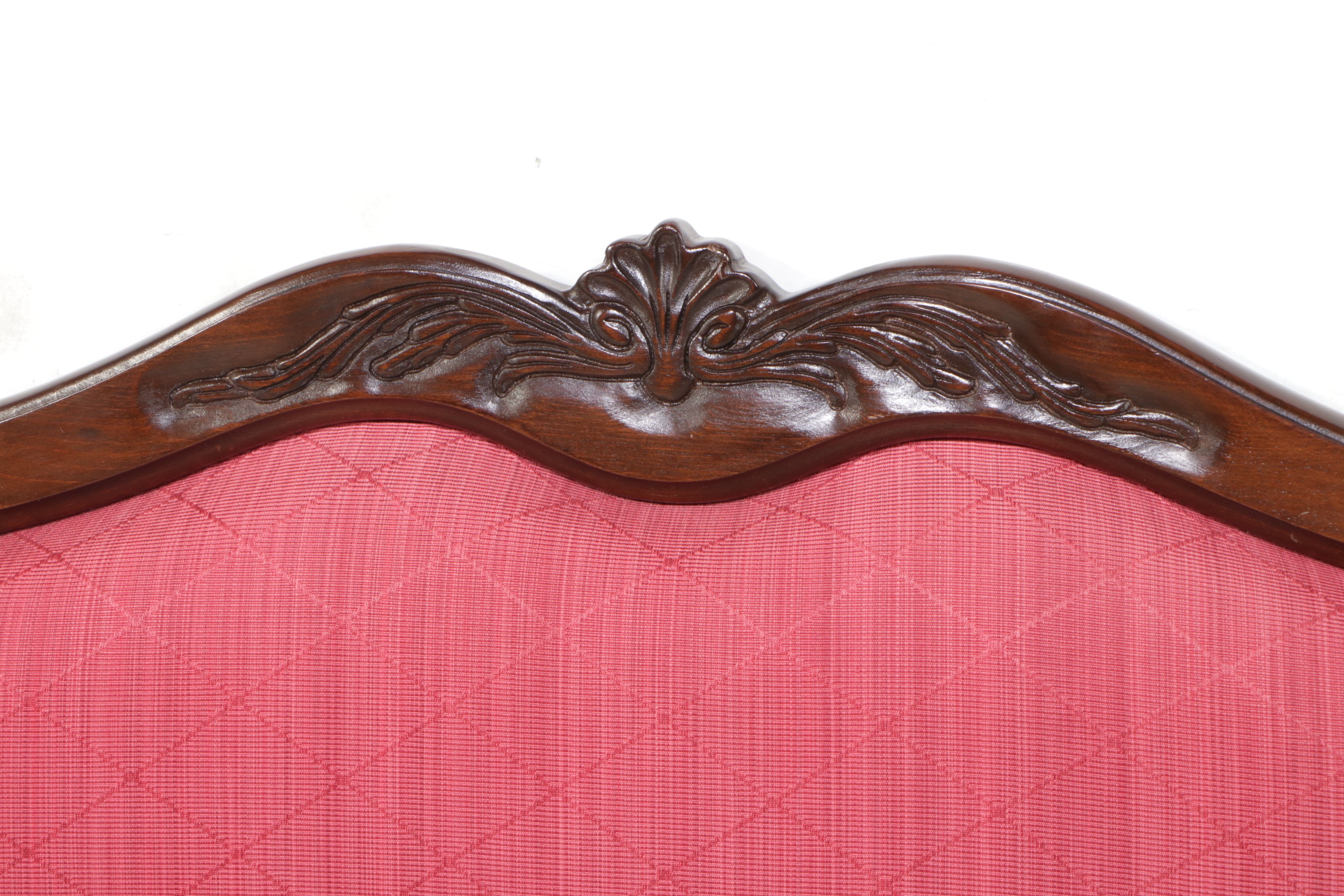French Provincial Style Carved Wood and Upholstered King Headboard