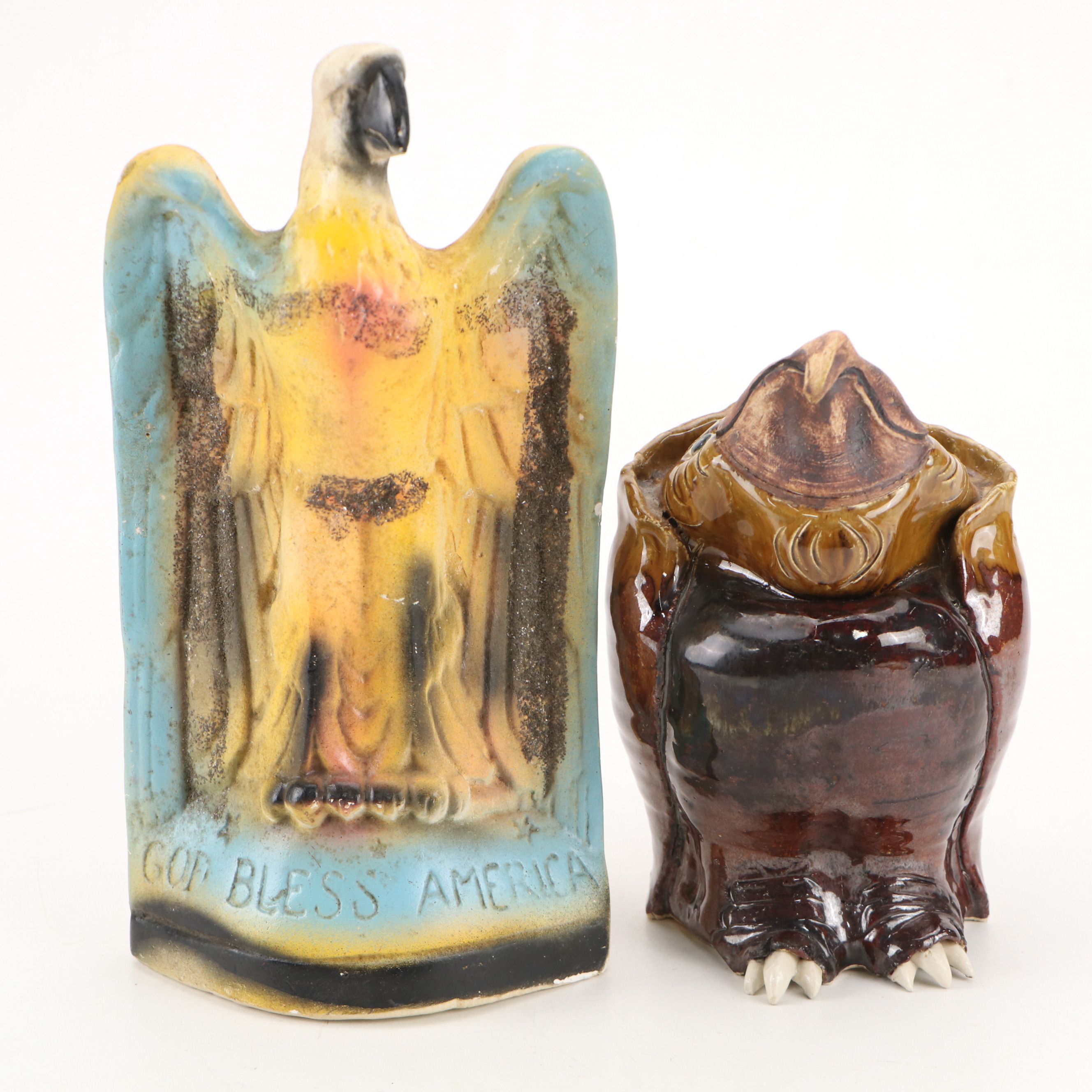Ceramic "God Bless America" Eagle Figure with Bird Form Coin Bank