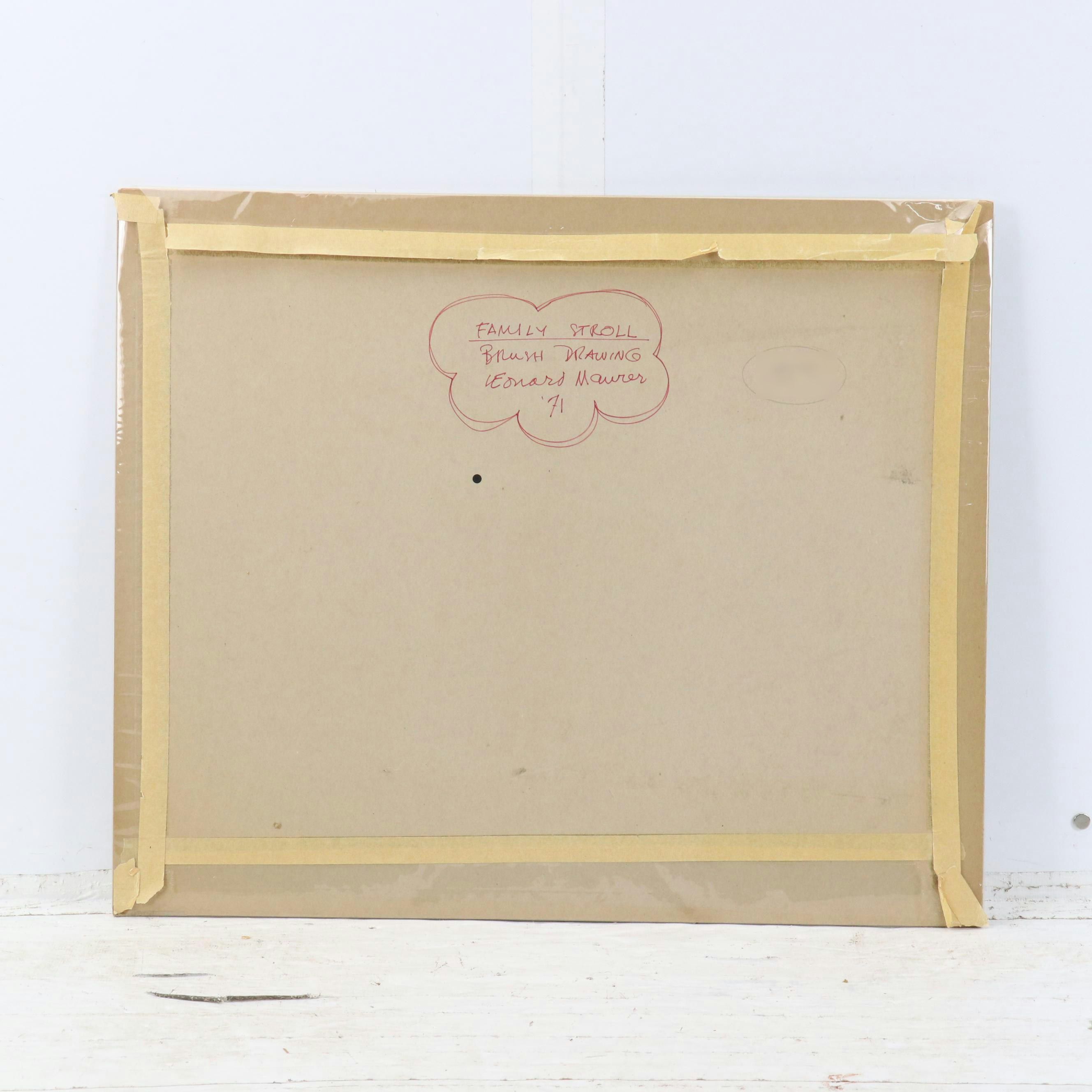 Leonard Maurer Figural Modern Ink Wash Painting "Family Stroll," 1971