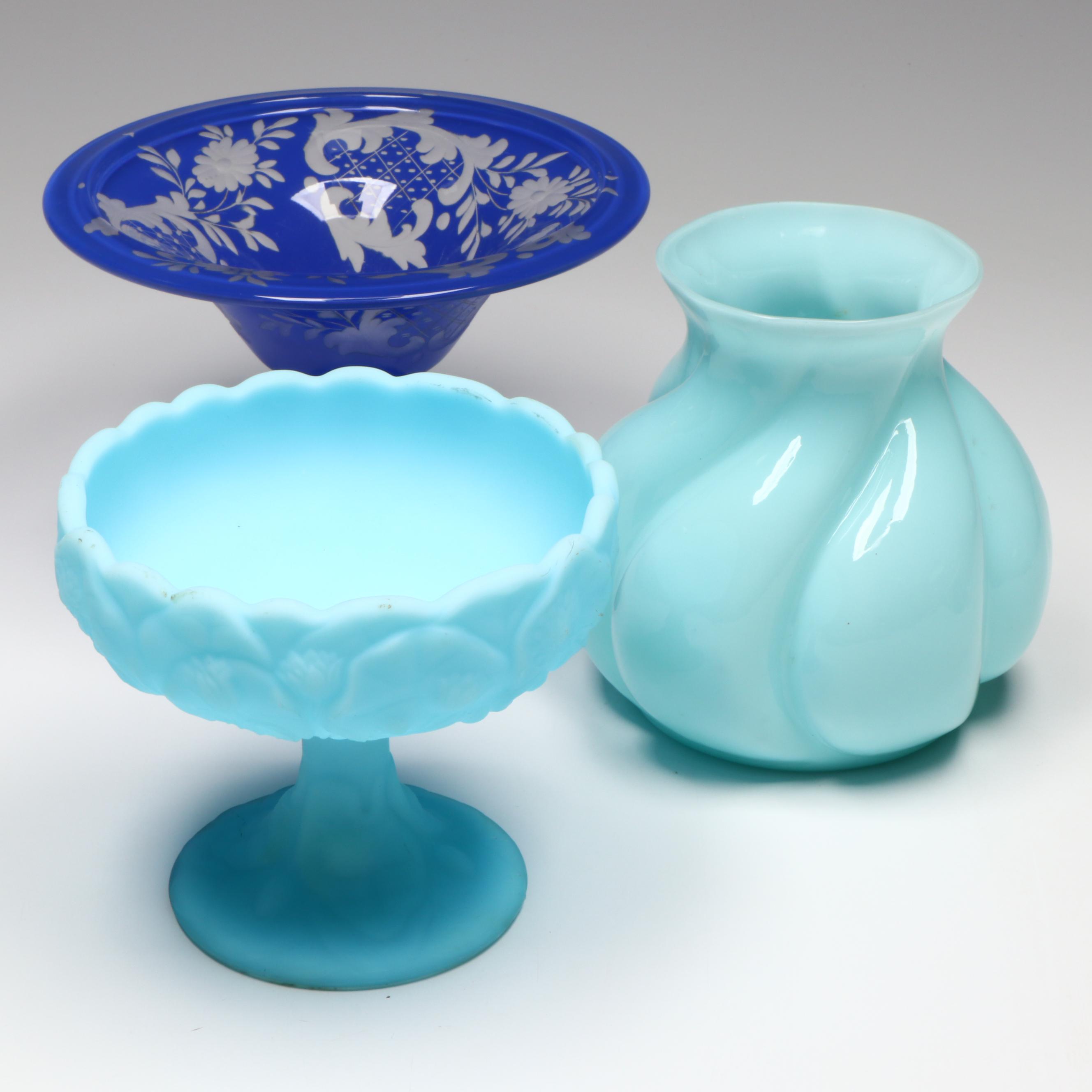 Fenton "Water Lily" Satin Glass Compote with Etched Glass Compote and Vase