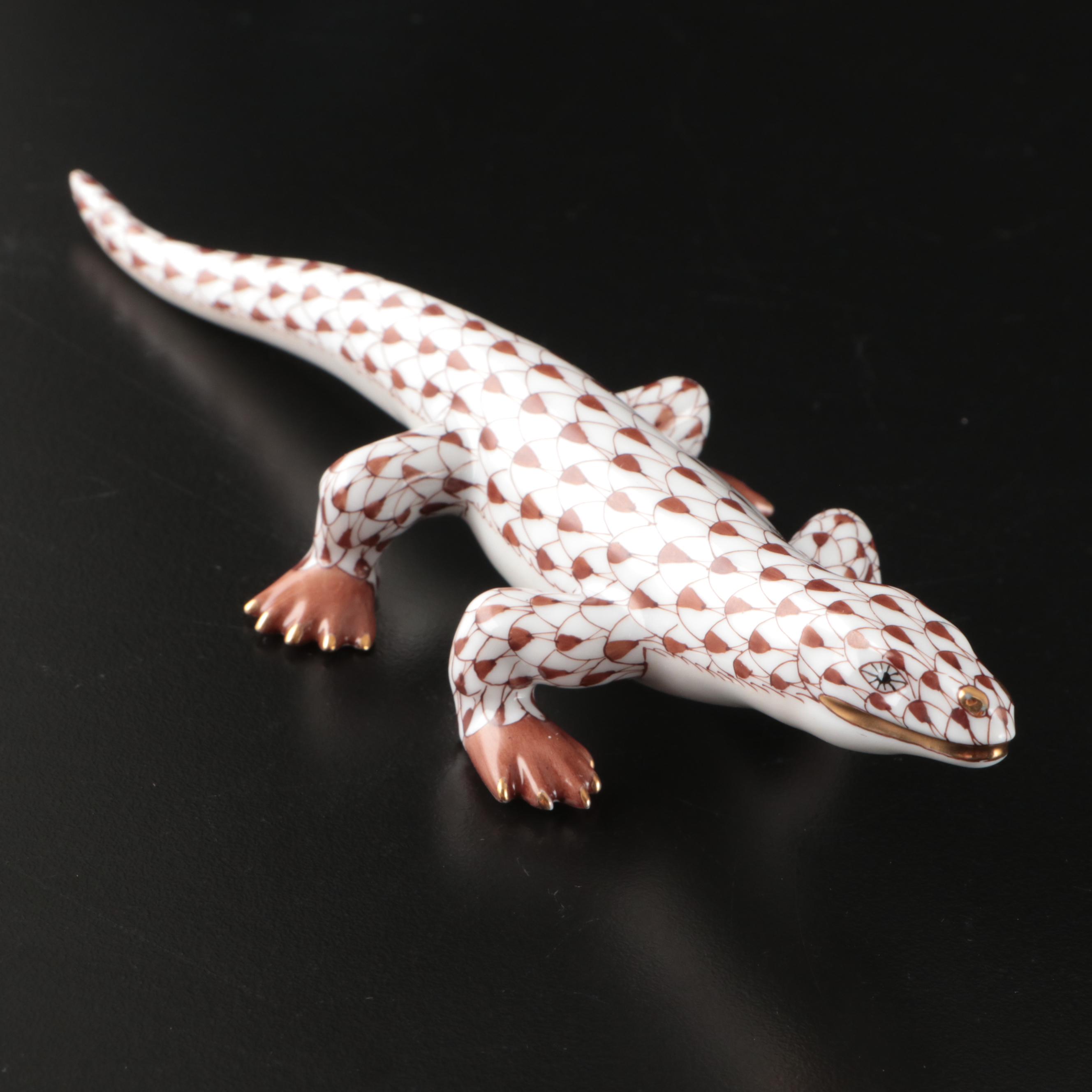 Herend Chocolate Fishnet with Gold "Komodo Dragon" Porcelain Figurine