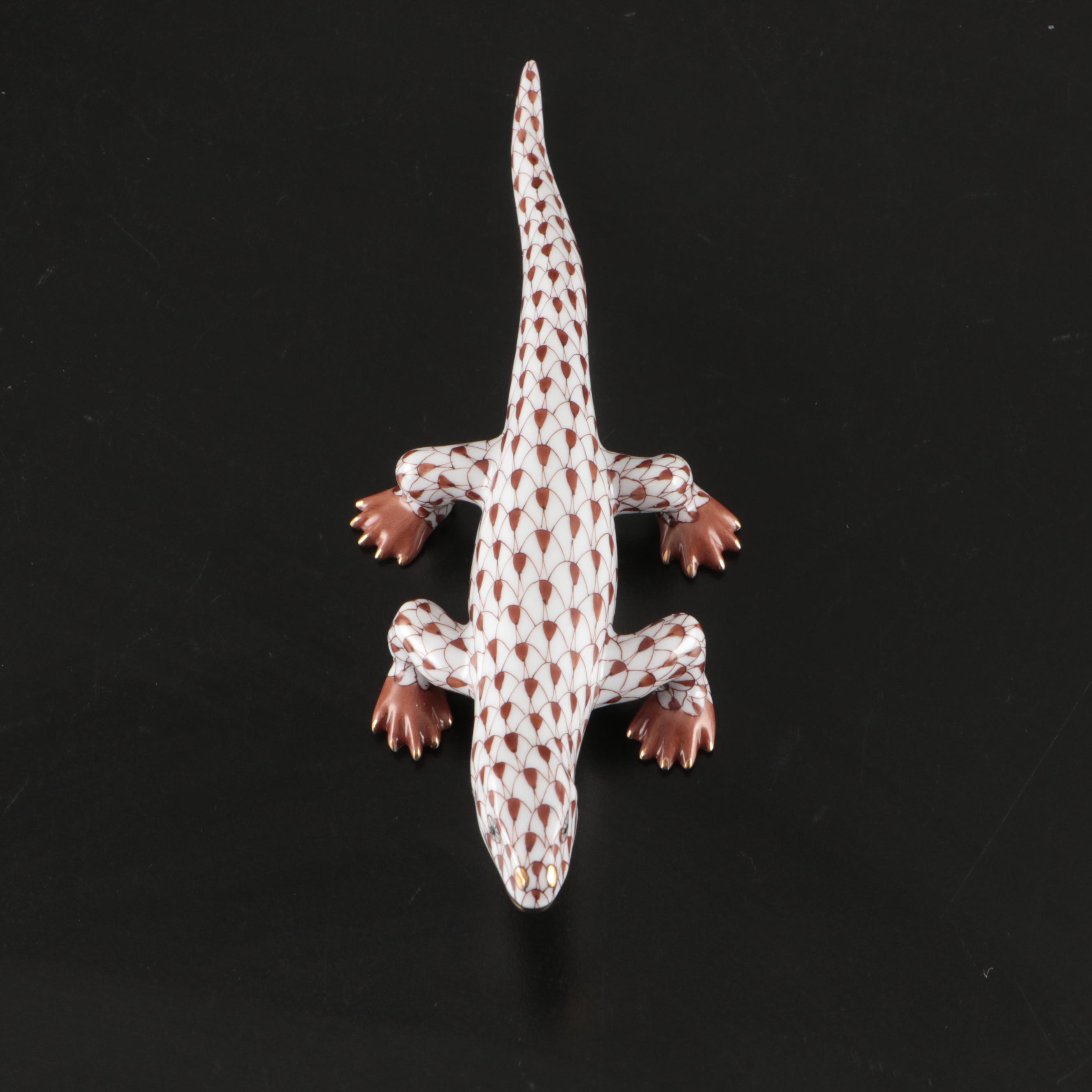 Herend Chocolate Fishnet with Gold "Komodo Dragon" Porcelain Figurine
