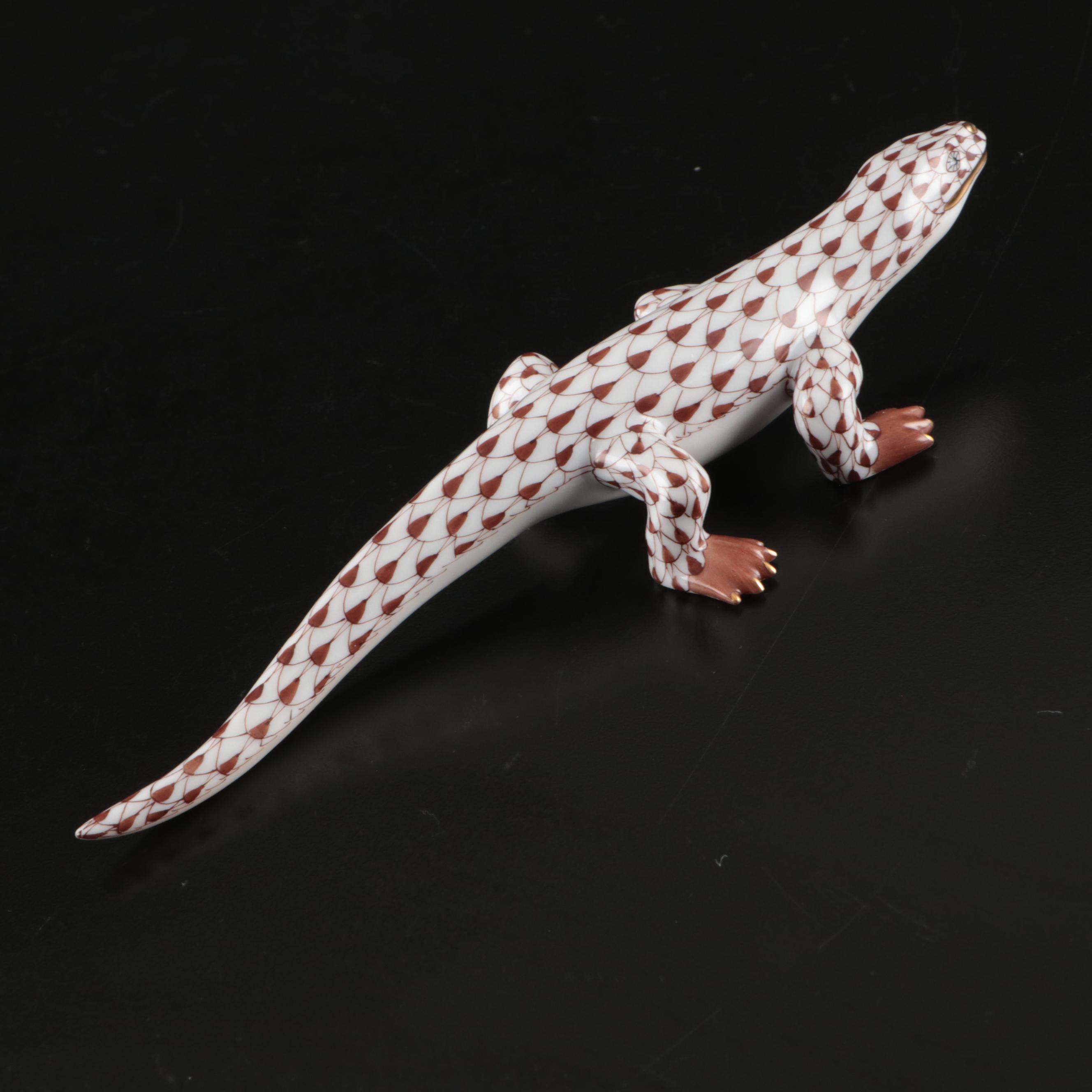 Herend Chocolate Fishnet with Gold "Komodo Dragon" Porcelain Figurine