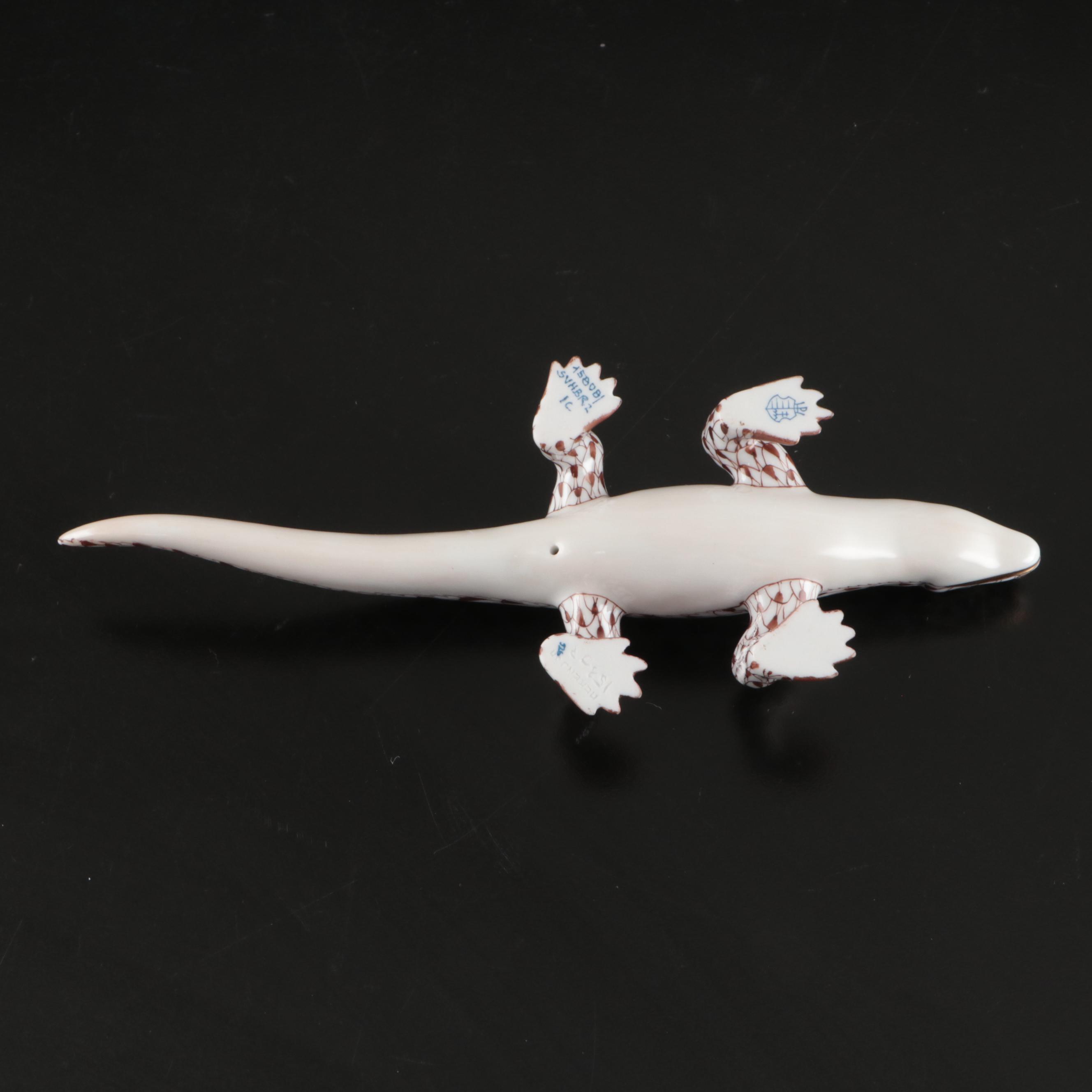 Herend Chocolate Fishnet with Gold "Komodo Dragon" Porcelain Figurine