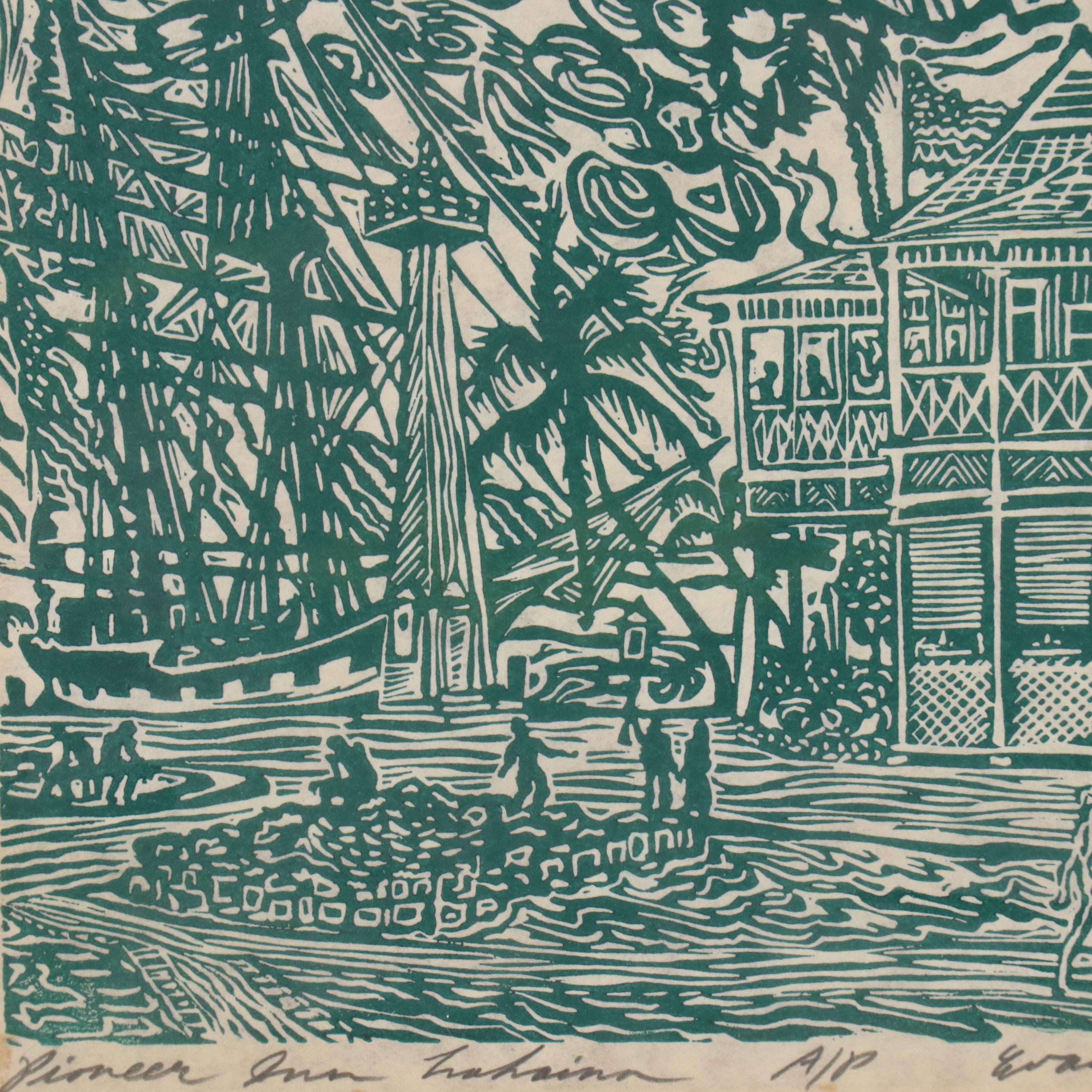 Hawaiian Landscape Linocut "Pioneer Inn Lahaina," 1980