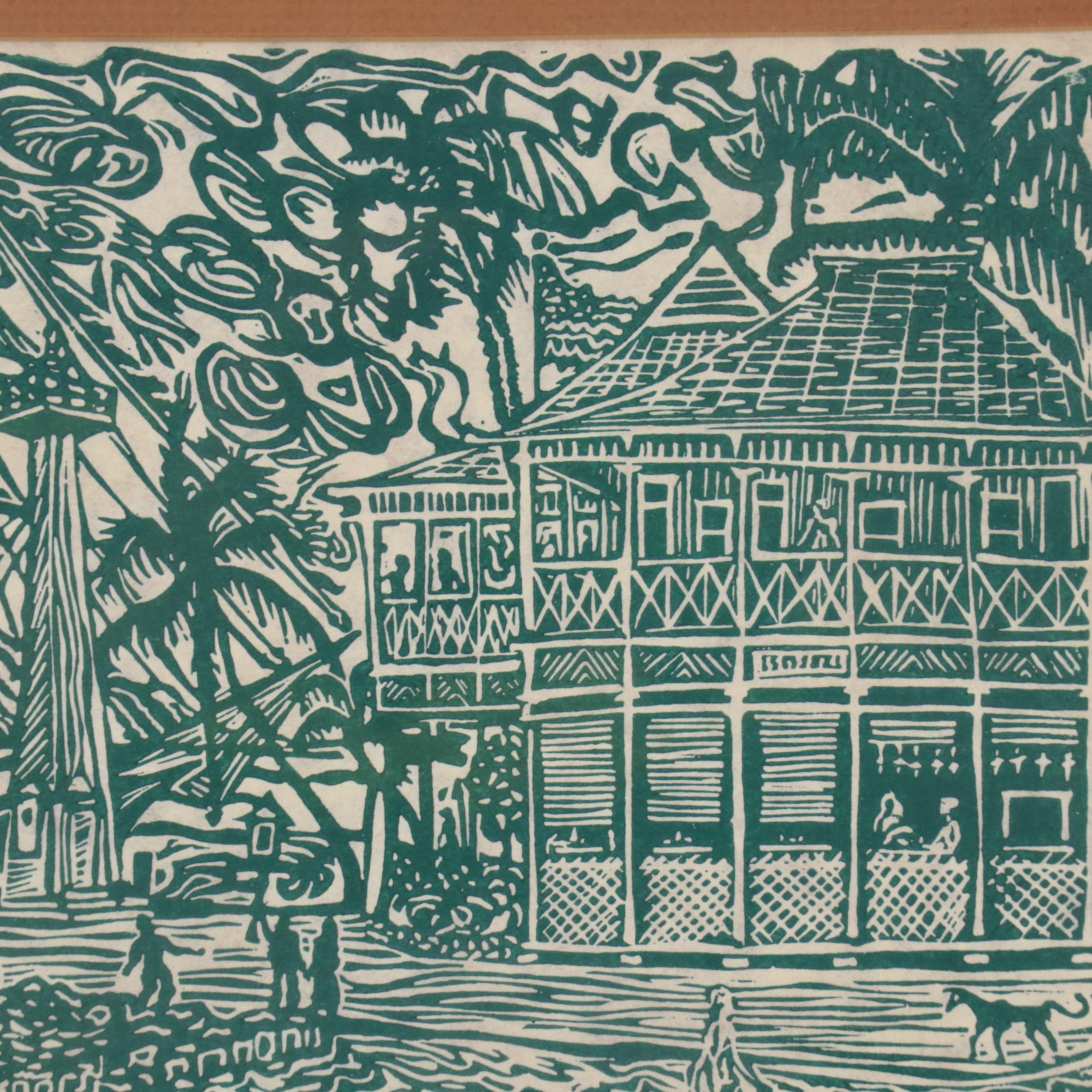 Hawaiian Landscape Linocut "Pioneer Inn Lahaina," 1980